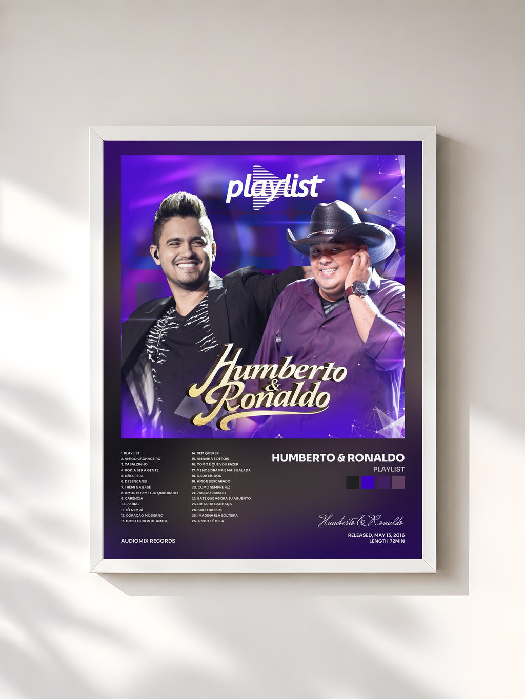 #blanc Tableau de l'album Playlist de Humberto & Ronaldo, cadre blanc, imprimé et encadré en France