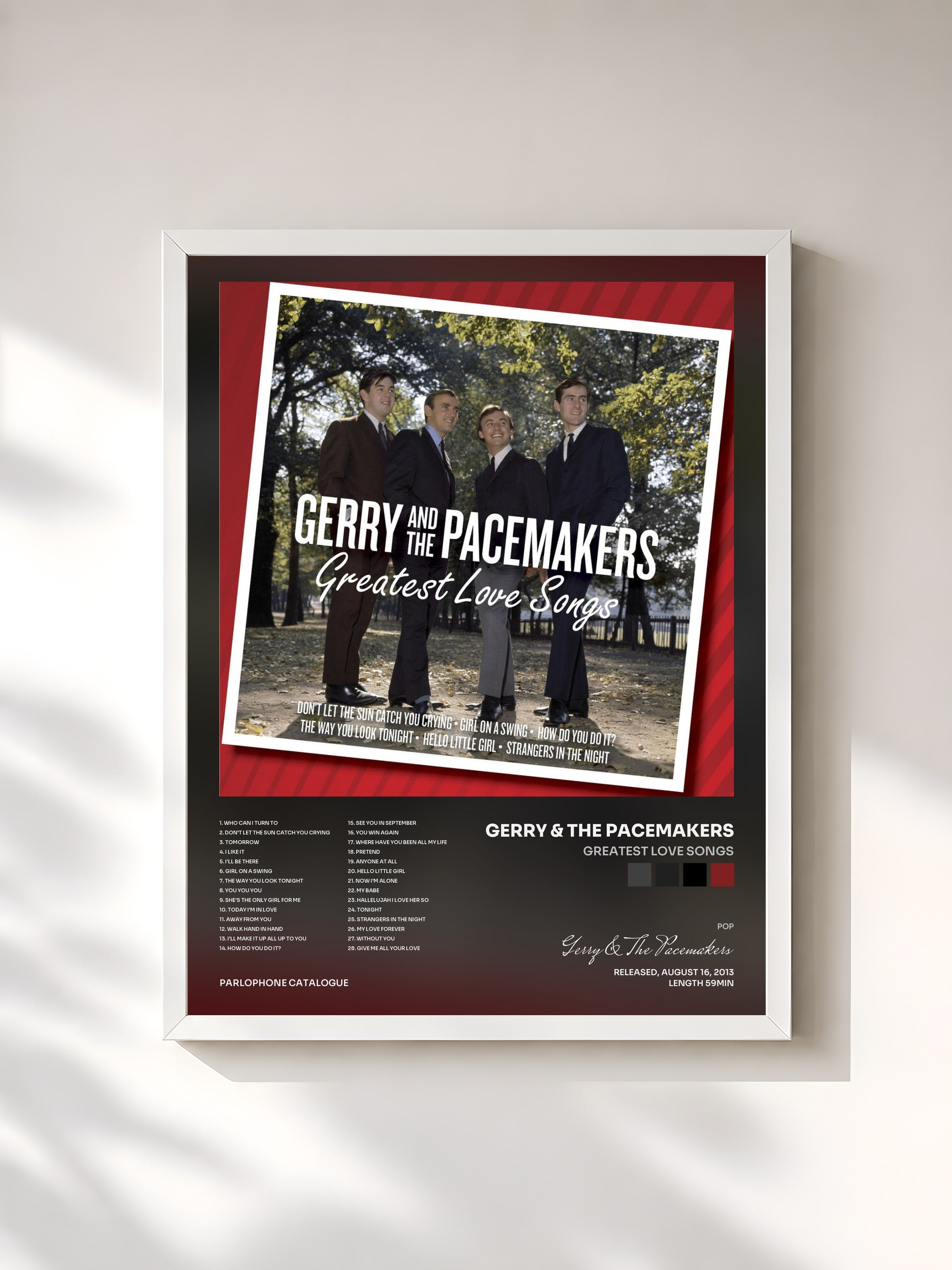 #blanc Tableau de l'album Greatest Love Songs de Gerry & The Pacemakers, cadre blanc, imprimé et encadré en France