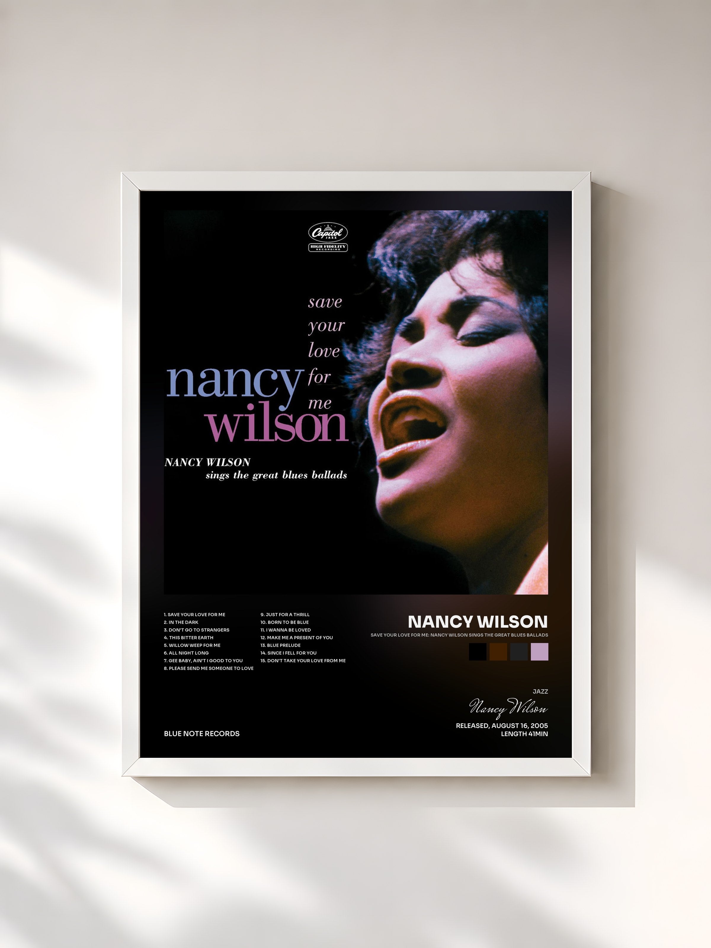 #blanc Tableau de l'album Save Your Love For Me: Nancy Wilson Sings The Great Blues Ballads de Nancy Wilson, cadre blanc, imprimé et encadré en France