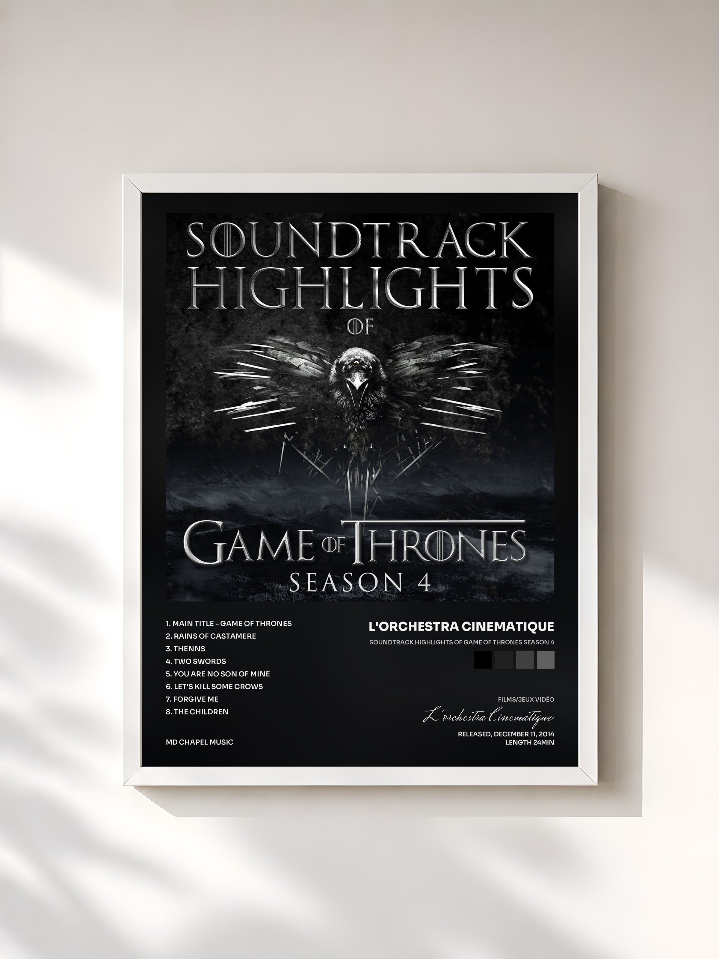 #blanc Tableau de l'album Soundtrack Highlights of Game of Thrones Season 4 de L'orchestra Cinematique, cadre blanc, imprimé et encadré en France