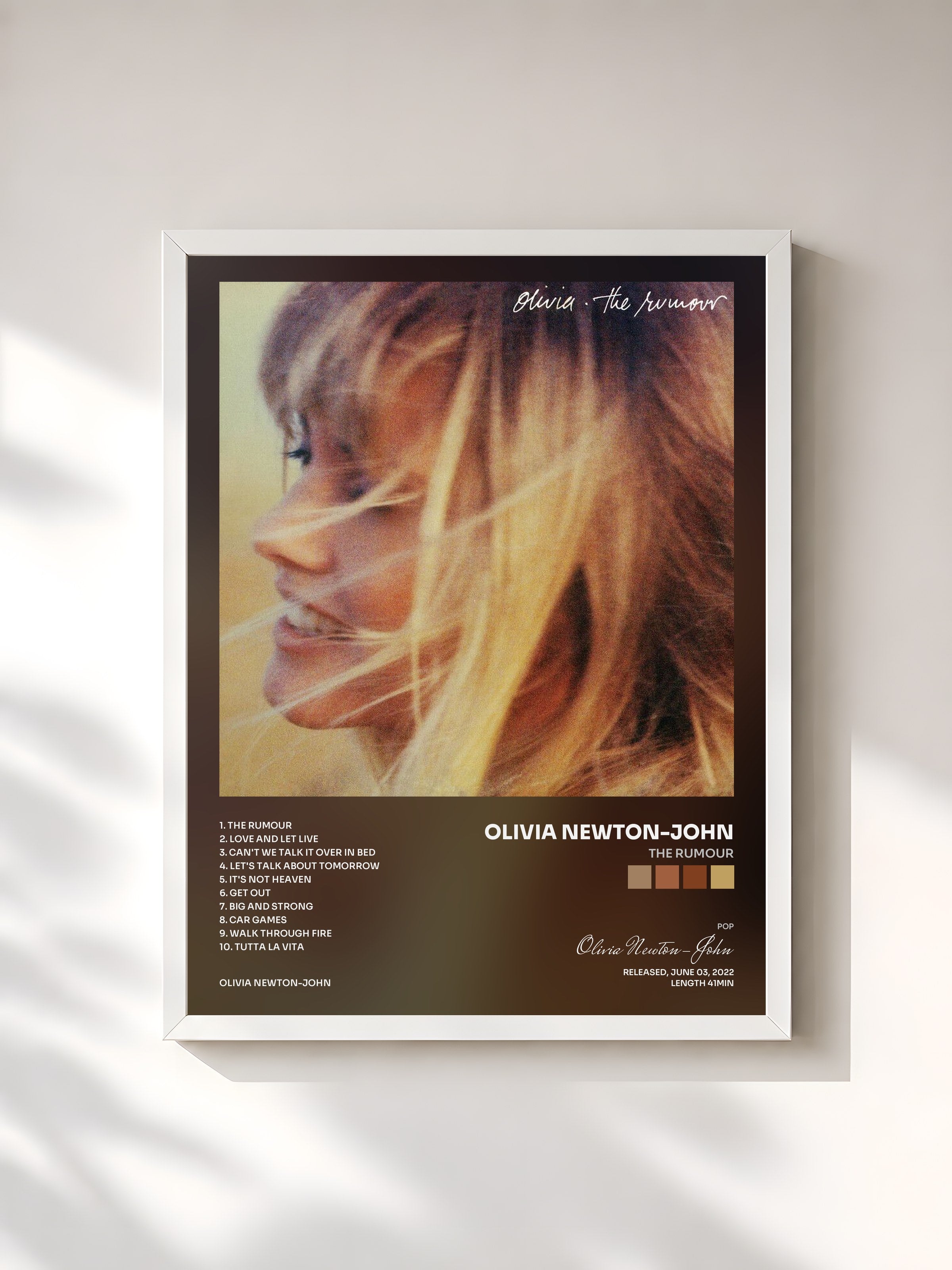 #blanc Tableau de l'album The Rumour de Olivia Newton-John, cadre blanc, imprimé et encadré en France