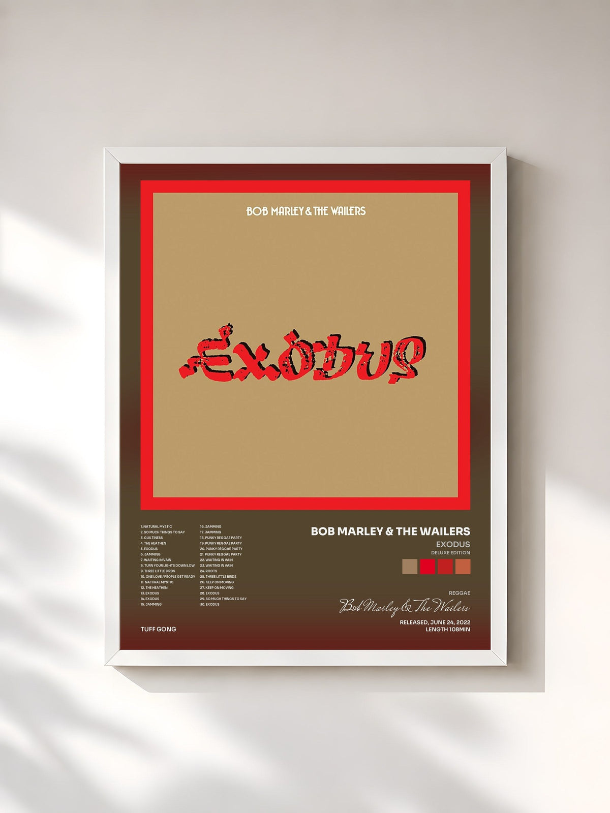 #blanc Tableau de l'album Exodus (Deluxe Edition) de Bob Marley & The Wailers, cadre blanc, imprimé et encadré en France