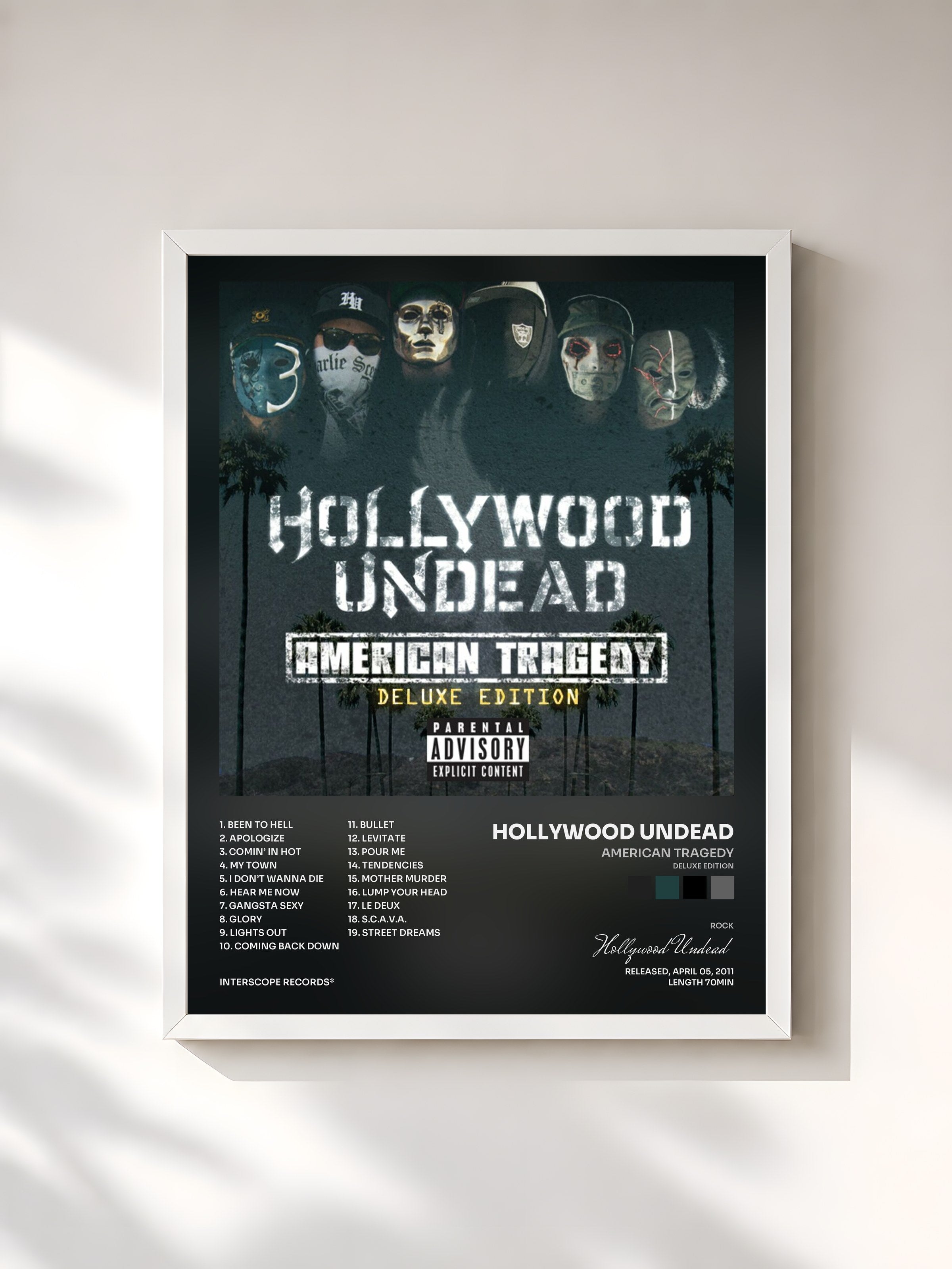 #blanc Tableau de l'album American Tragedy (Deluxe Edition) de Hollywood Undead, cadre blanc, imprimé et encadré en France