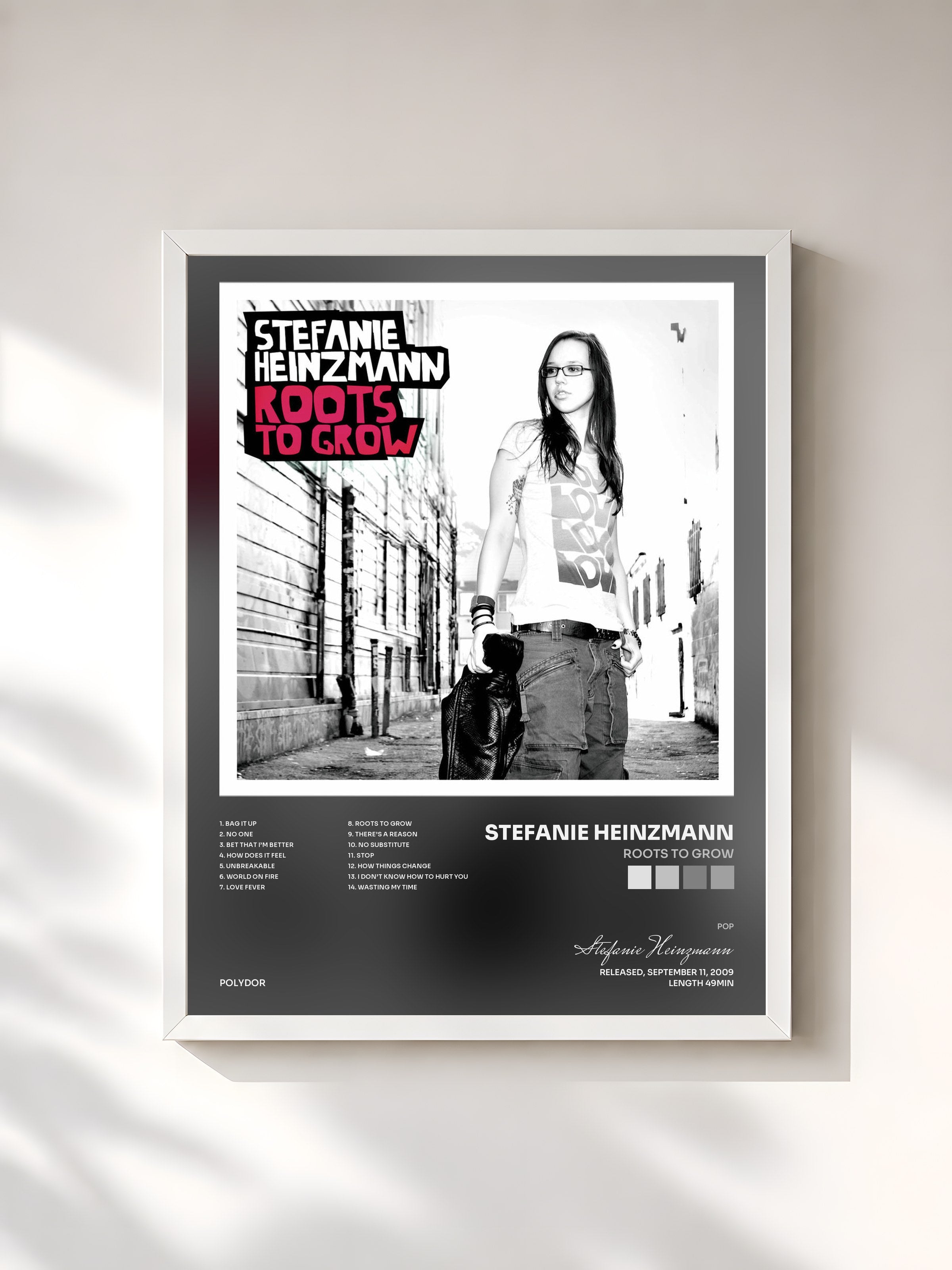 #blanc Tableau de l'album Roots To Grow de Stefanie Heinzmann, cadre blanc, imprimé et encadré en France