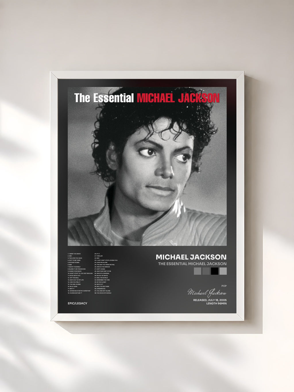 #blanc Tableau de l'album The Essential Michael Jackson de Michael Jackson, cadre blanc, imprimé et encadré en France