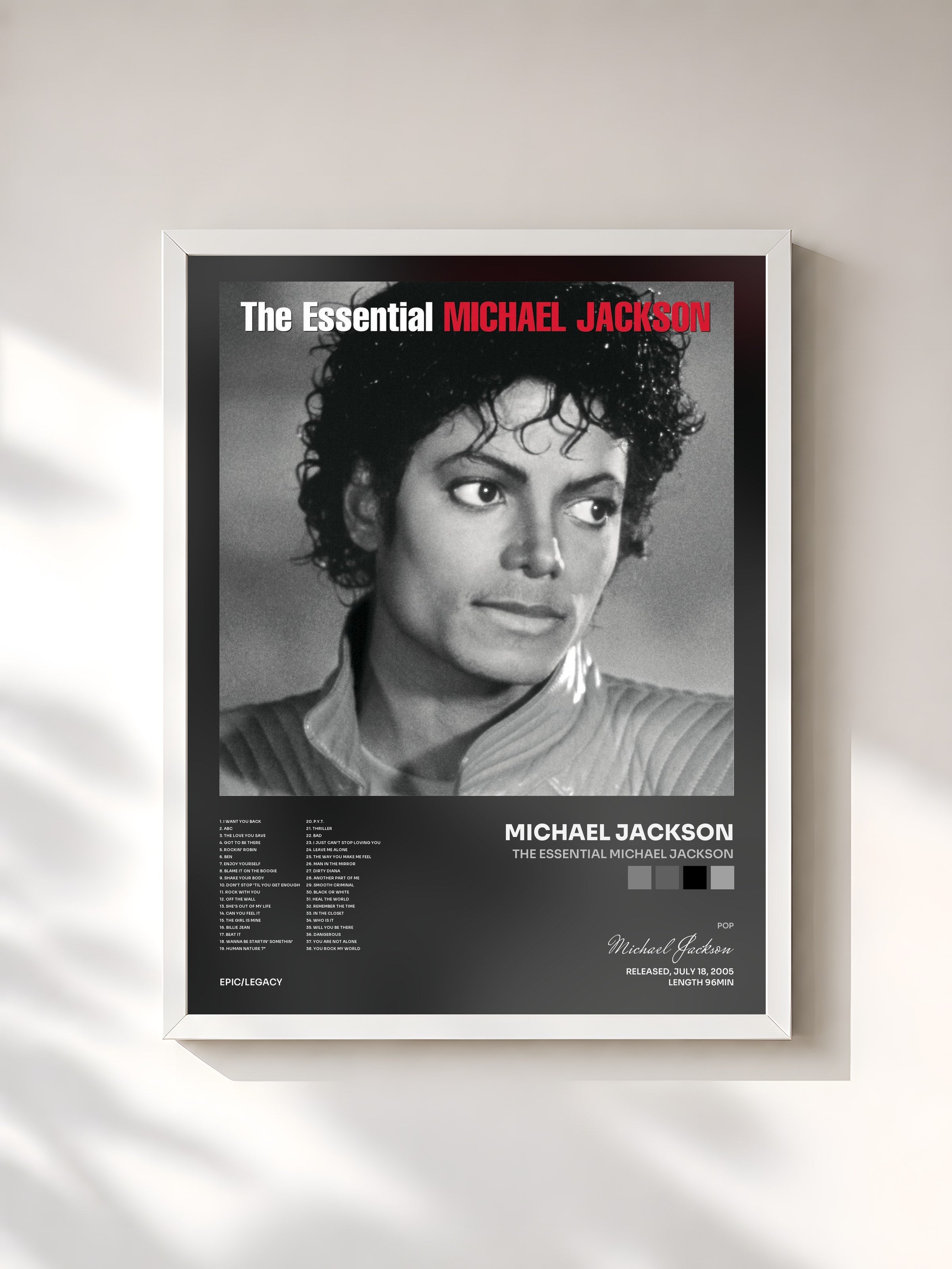 #blanc Tableau de l'album The Essential Michael Jackson de Michael Jackson, cadre blanc, imprimé et encadré en France