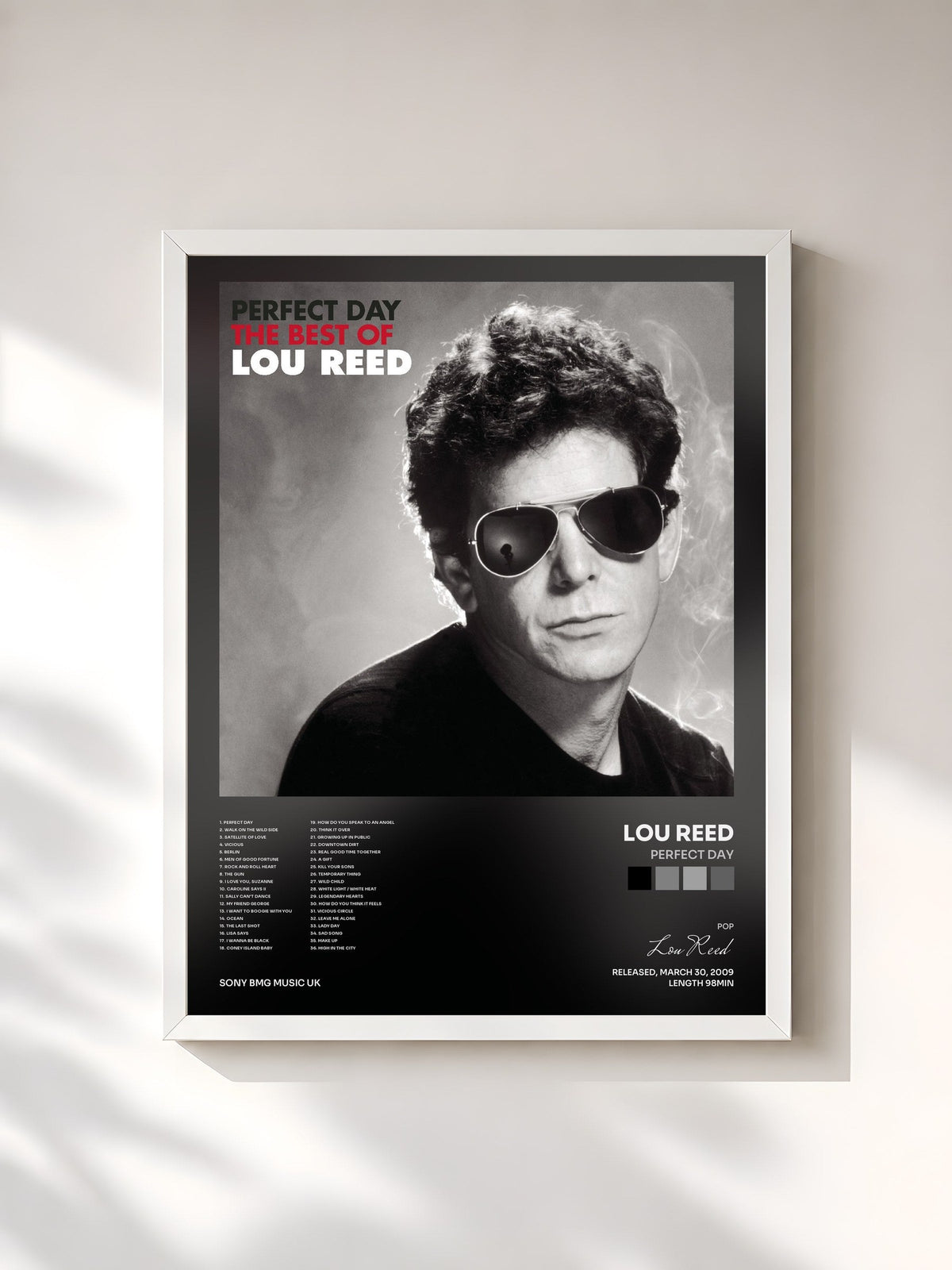 #blanc Tableau de l'album Perfect Day de Lou Reed, cadre blanc, imprimé et encadré en France