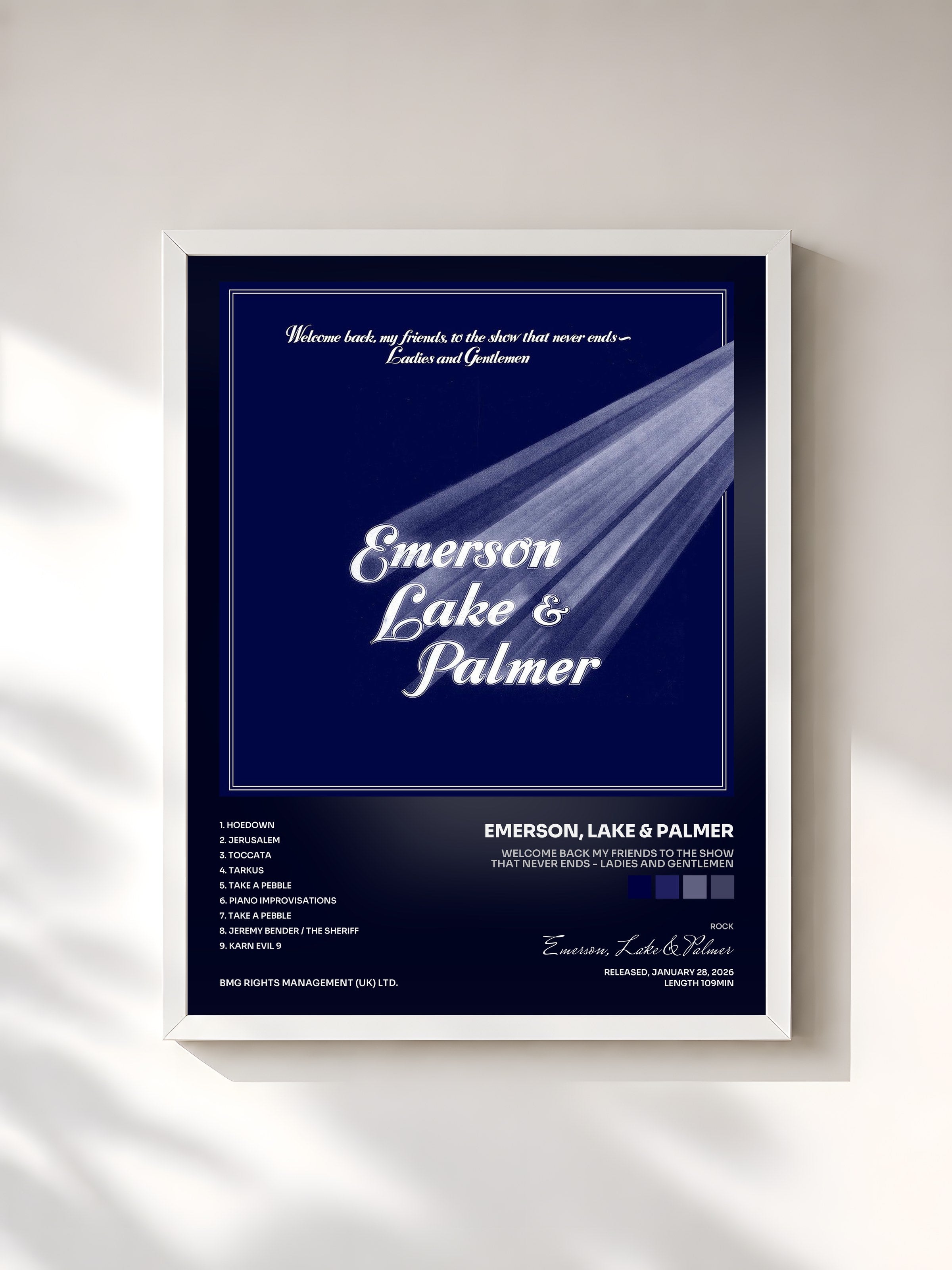 #blanc Tableau de l'album Welcome Back My Friends to the Show That Never Ends - Ladies and Gentlemen de Emerson, Lake & Palmer, cadre blanc, imprimé et encadré en France