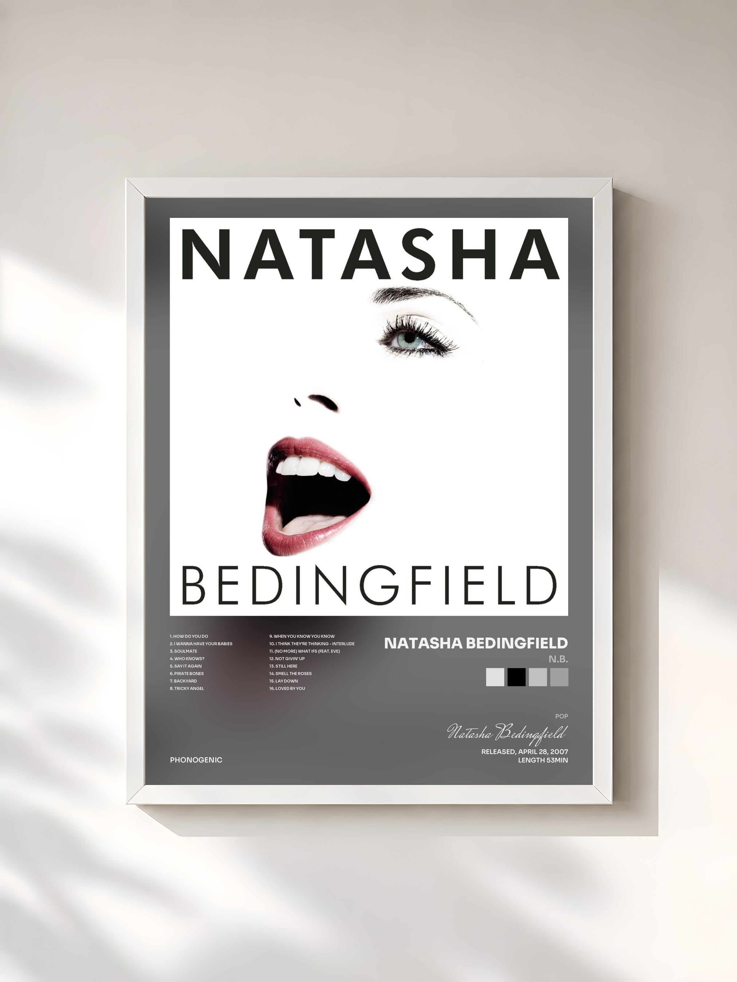 #blanc Tableau de l'album N.B. de Natasha Bedingfield, cadre blanc, imprimé et encadré en France