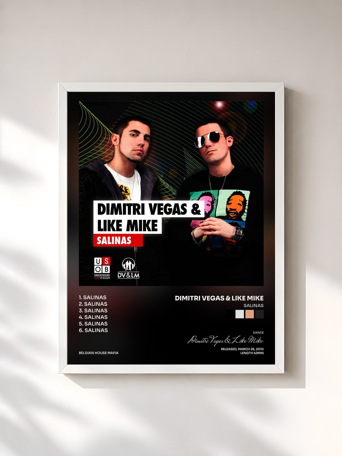 #blanc Tableau de l'album Salinas de Dimitri Vegas & Like Mike, cadre blanc, imprimé et encadré en France