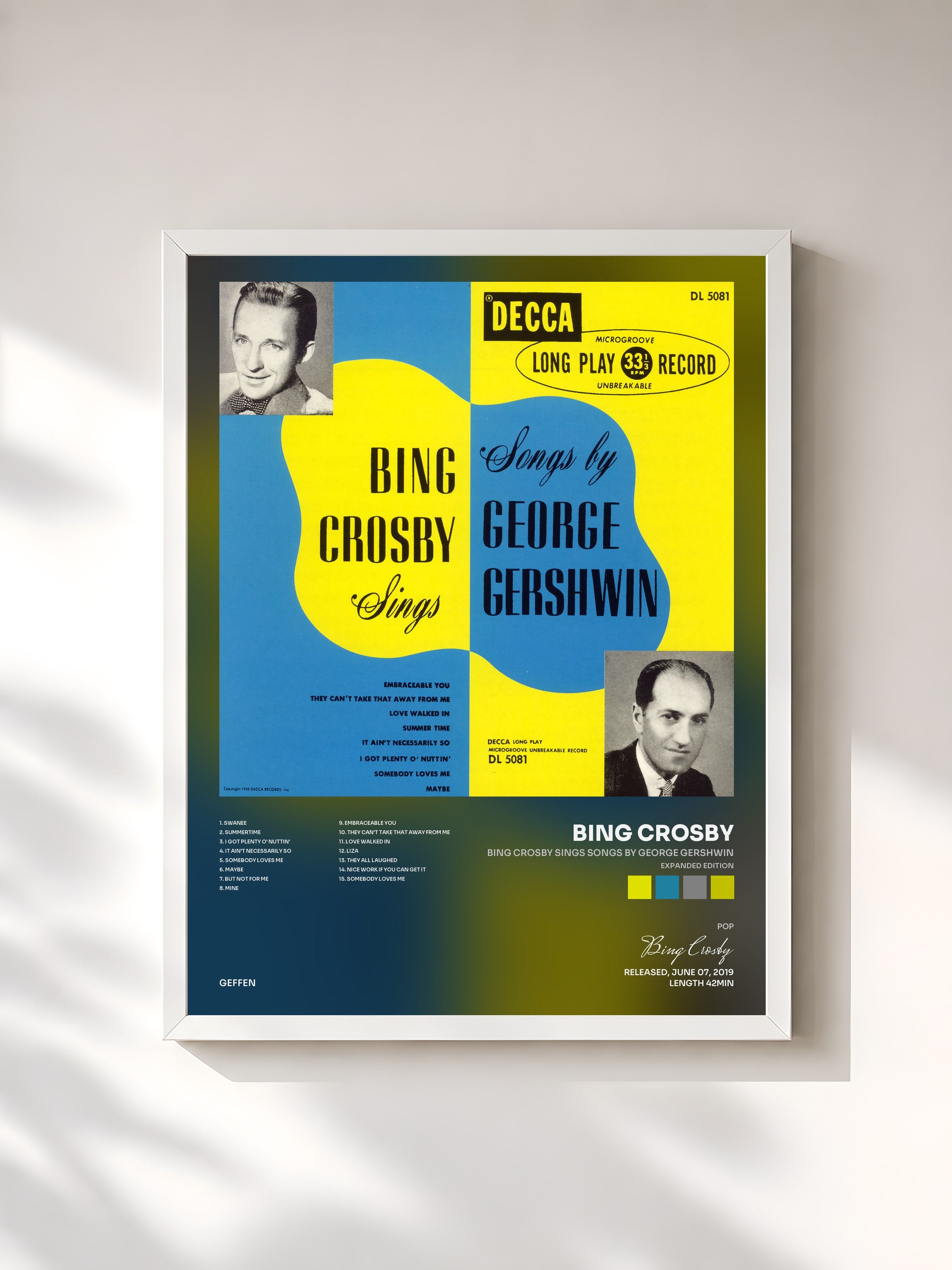 #blanc Tableau de l'album Bing Crosby Sings Songs By George Gershwin (Expanded Edition) de Bing Crosby, cadre blanc, imprimé et encadré en France