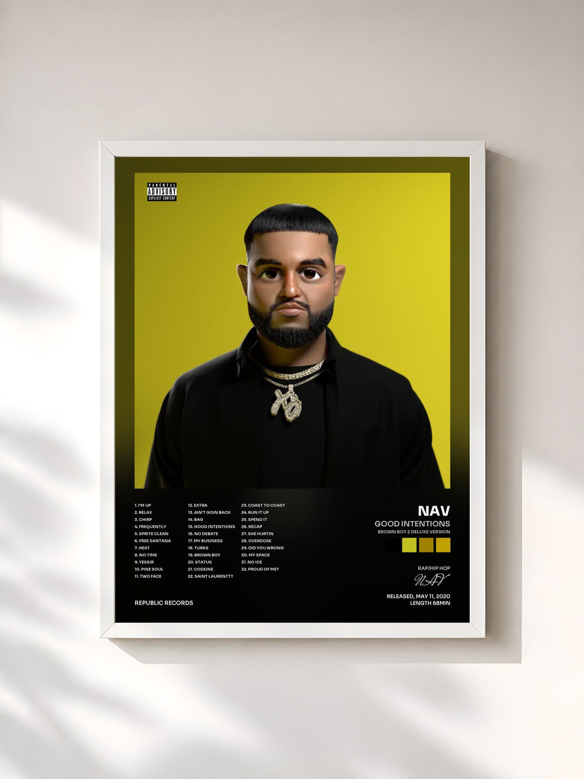 #blanc Tableau de l'album Good Intentions (Brown Boy 2 Deluxe Version) de NAV, cadre blanc, imprimé et encadré en France