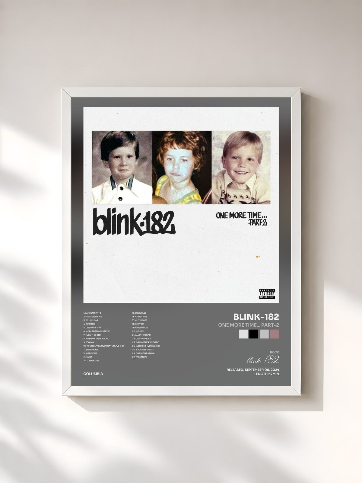 #blanc Tableau de l'album ONE MORE TIME... PART-2 de blink-182, cadre blanc, imprimé et encadré en France