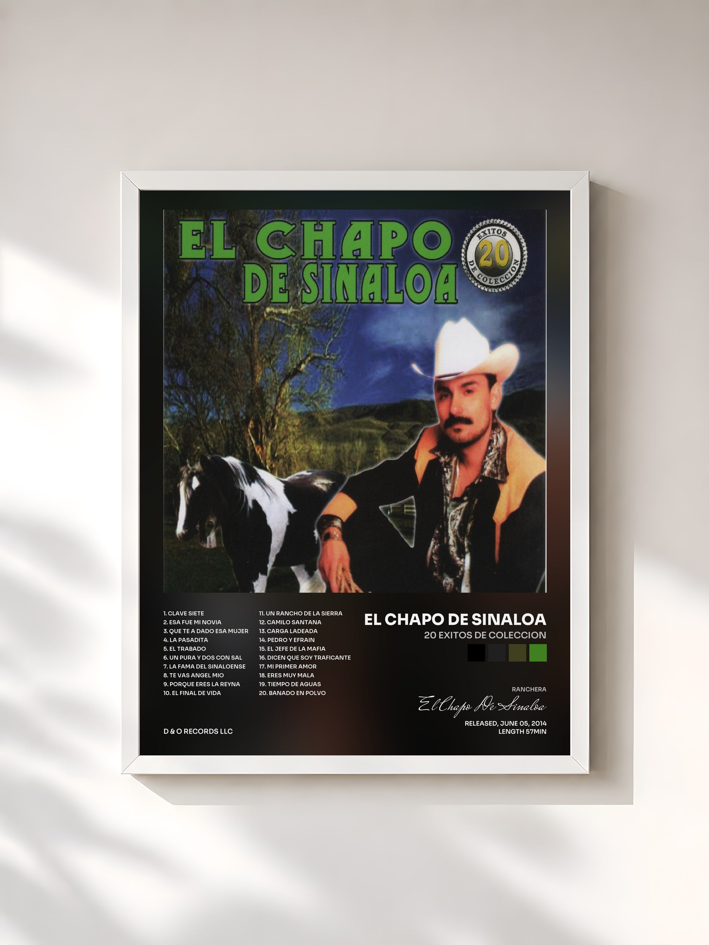 #blanc Tableau de l'album 20 Exitos de Coleccion de El Chapo De Sinaloa, cadre blanc, imprimé et encadré en France