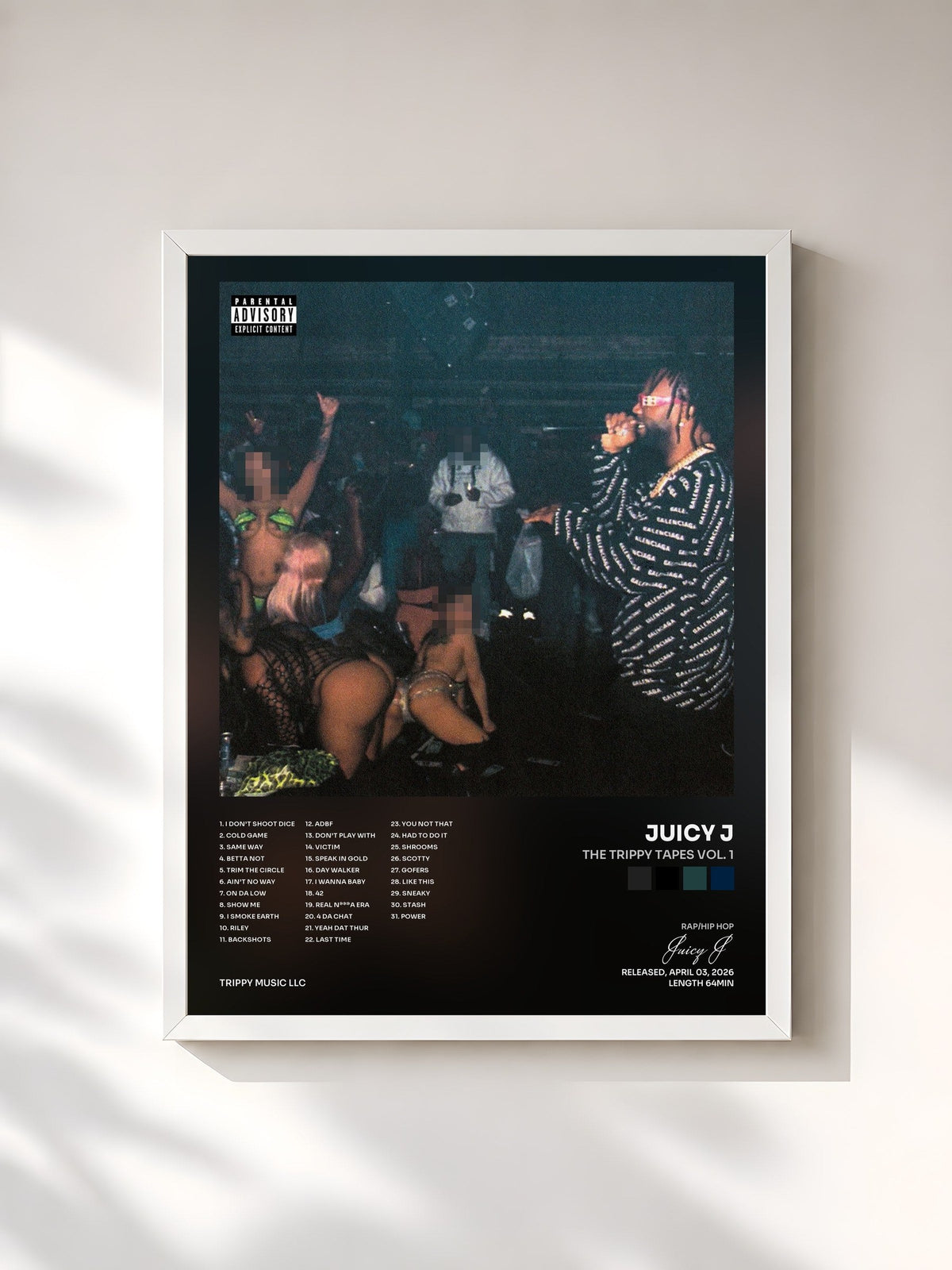 #blanc Tableau de l'album The Trippy Tapes Vol. 1 de Juicy J, cadre blanc, imprimé et encadré en France