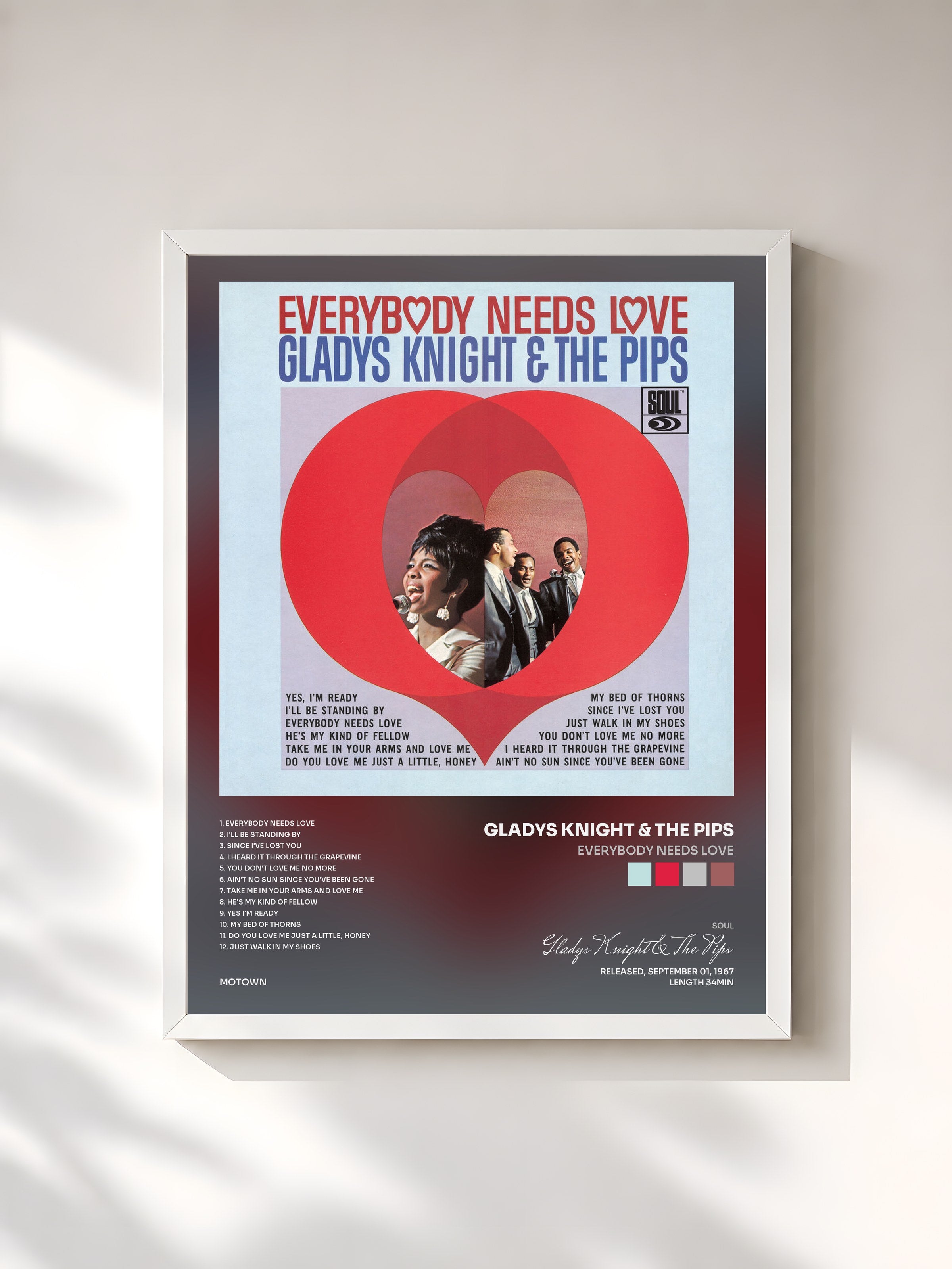 #blanc Tableau de l'album Everybody Needs Love de Gladys Knight & The Pips, cadre blanc, imprimé et encadré en France