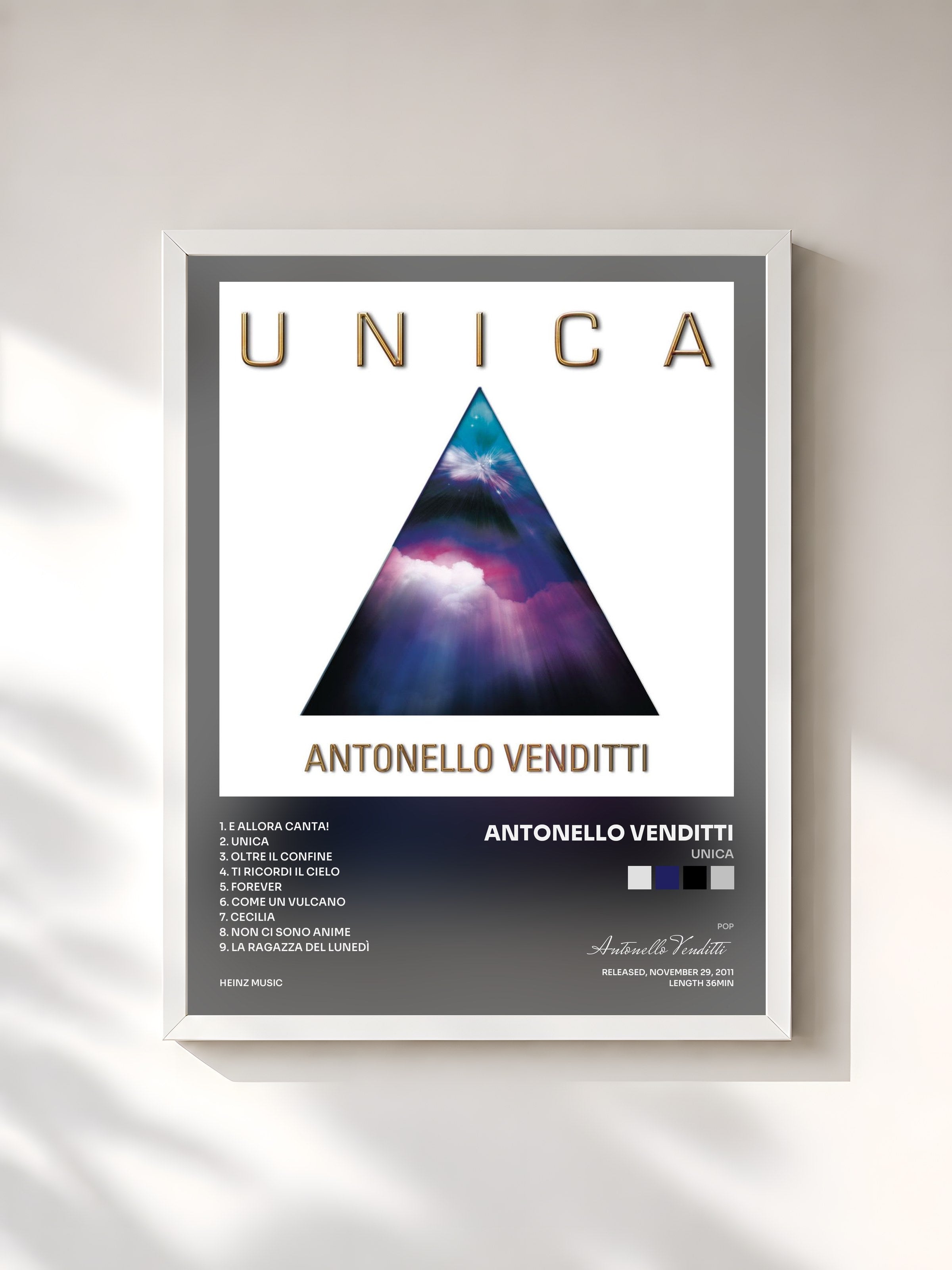 #blanc Tableau de l'album Unica de Antonello Venditti, cadre blanc, imprimé et encadré en France