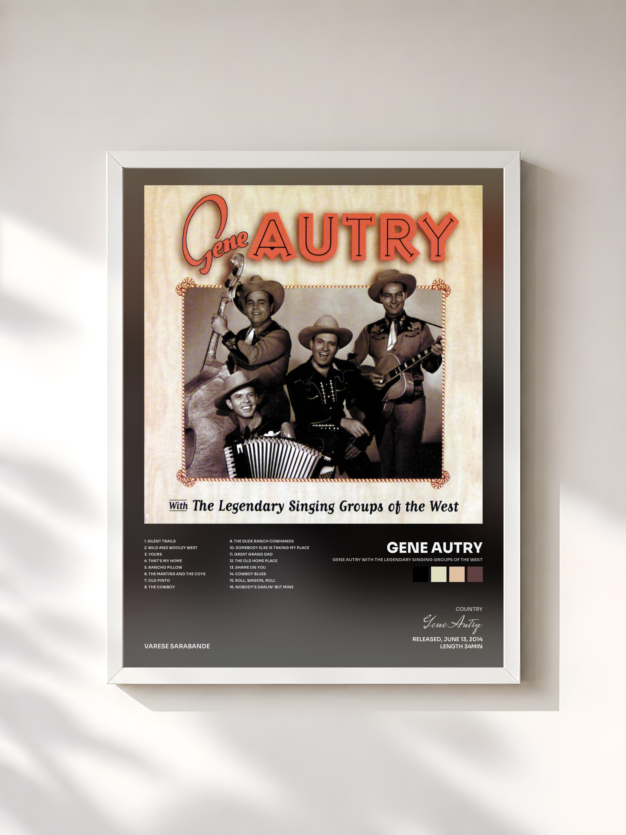 #blanc Tableau de l'album Gene Autry With The Legendary Singing Groups Of The West de Gene Autry, cadre blanc, imprimé et encadré en France