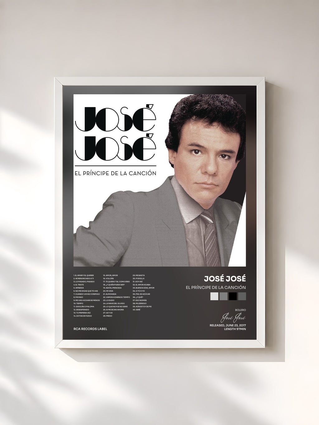 #blanc Tableau de l'album El Príncipe de la Canción de José José, cadre blanc, imprimé et encadré en France