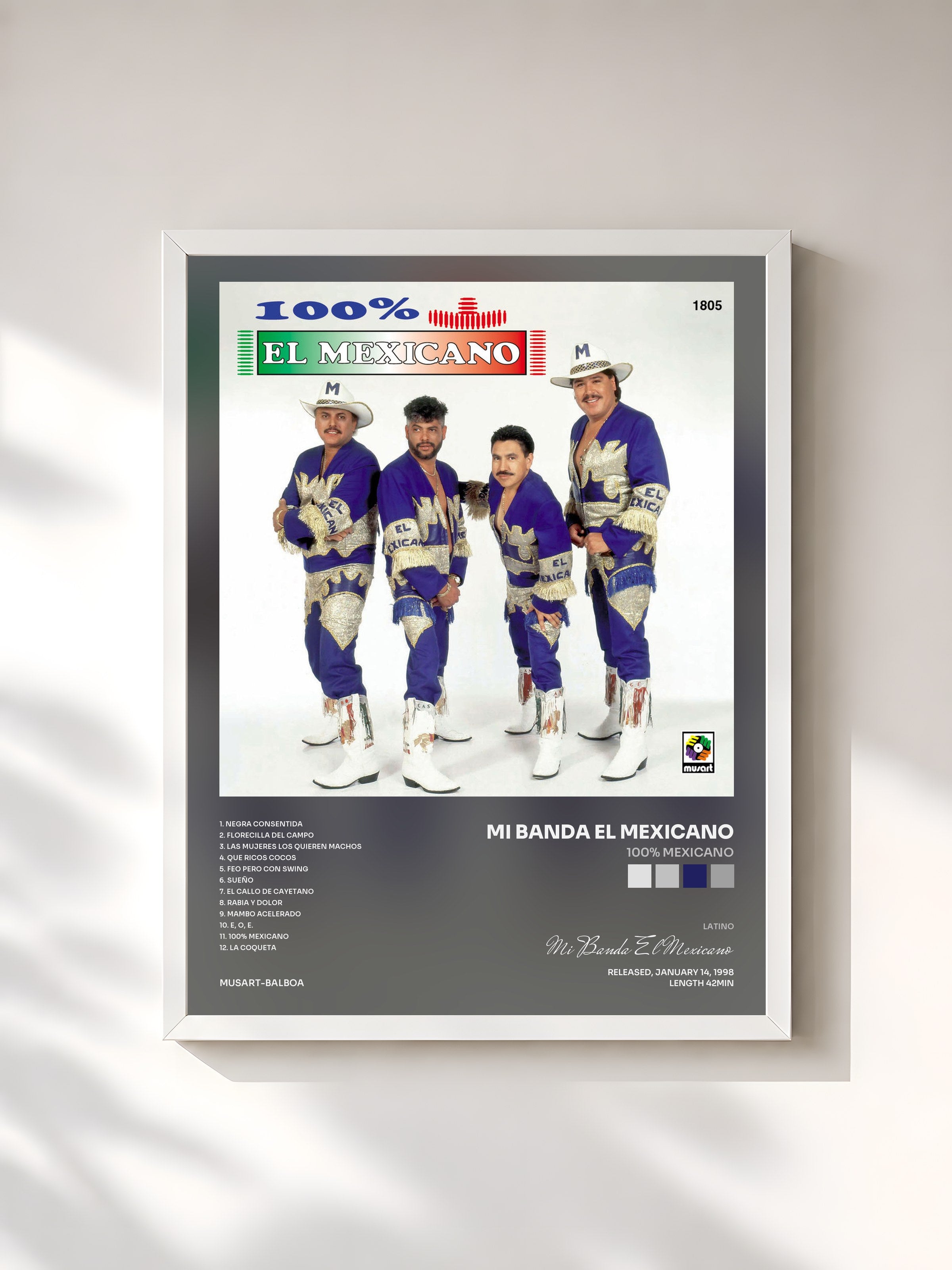 #blanc Tableau de l'album 100% Mexicano de Mi Banda El Mexicano, cadre blanc, imprimé et encadré en France