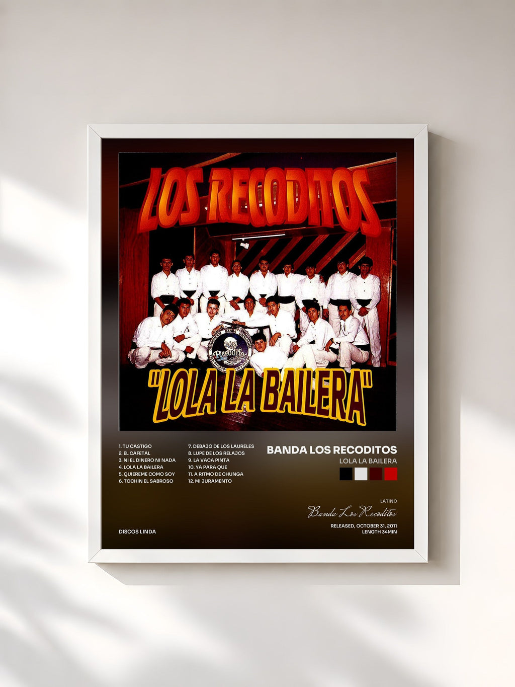 #blanc Tableau de l'album Lola La Bailera de Banda Los Recoditos, cadre blanc, imprimé et encadré en France