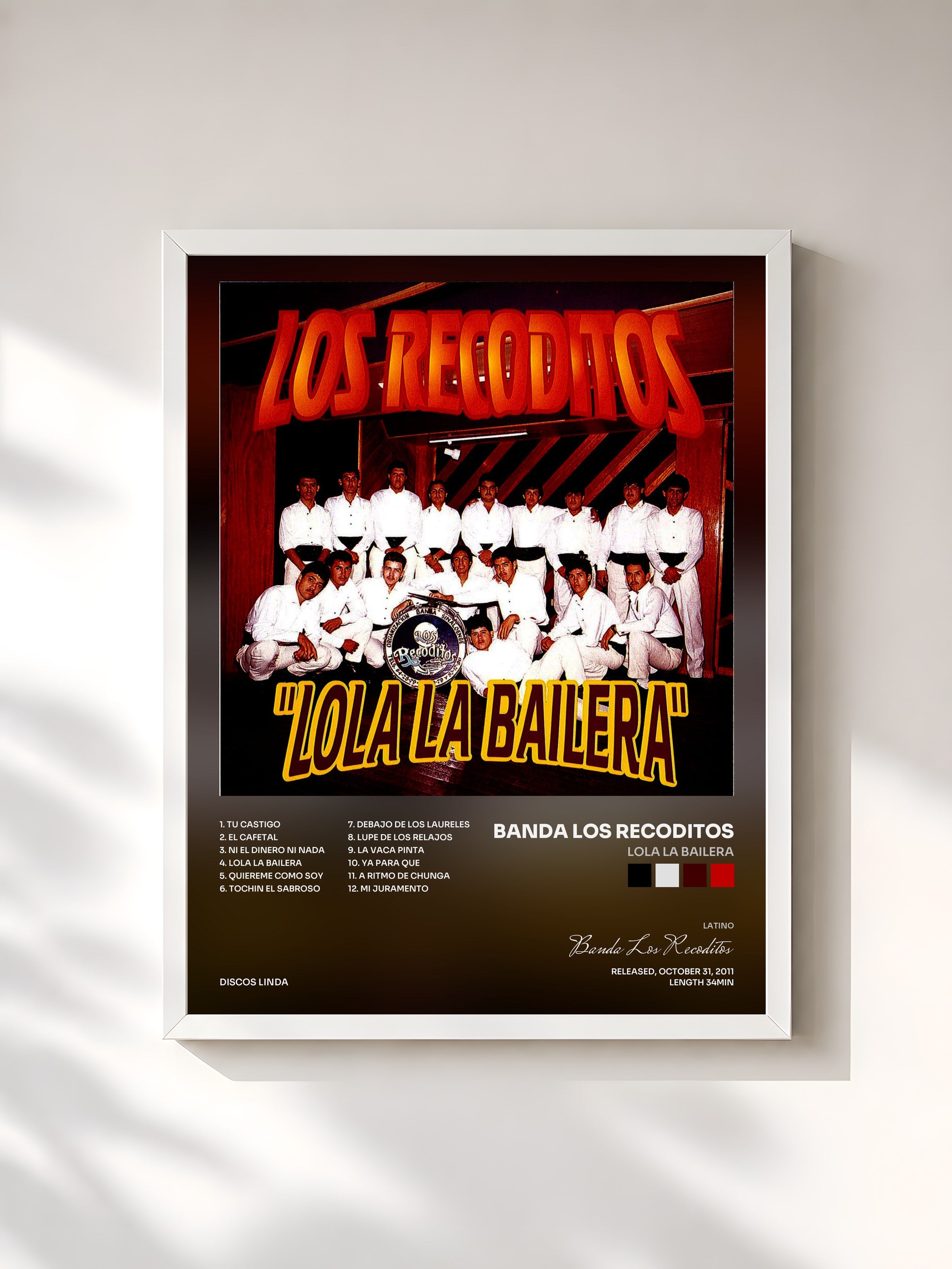 #blanc Tableau de l'album Lola La Bailera de Banda Los Recoditos, cadre blanc, imprimé et encadré en France