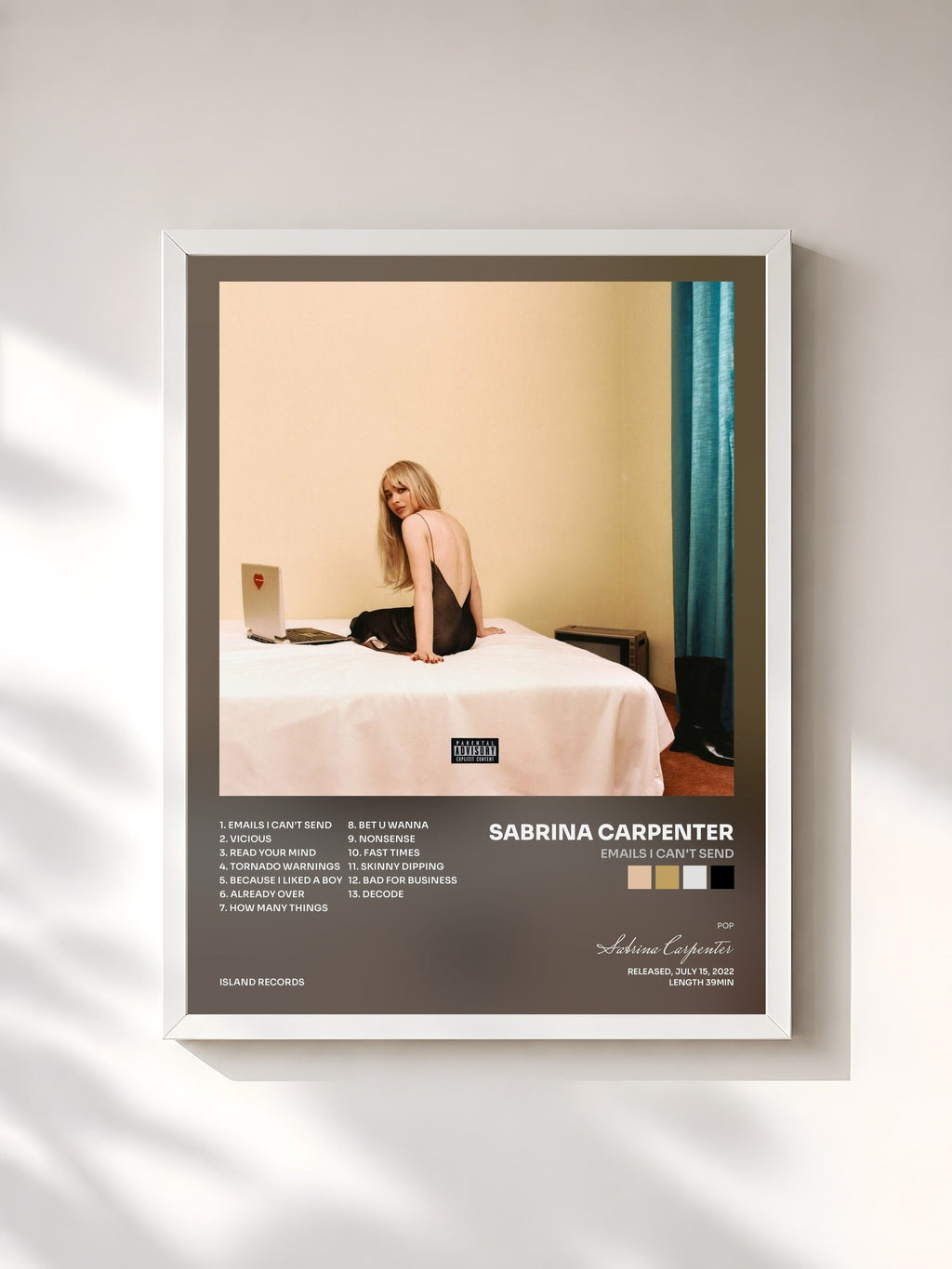 #blanc emails i can't send by Sabrina Carpenter as a framed art print, white frame, printed and framed in France