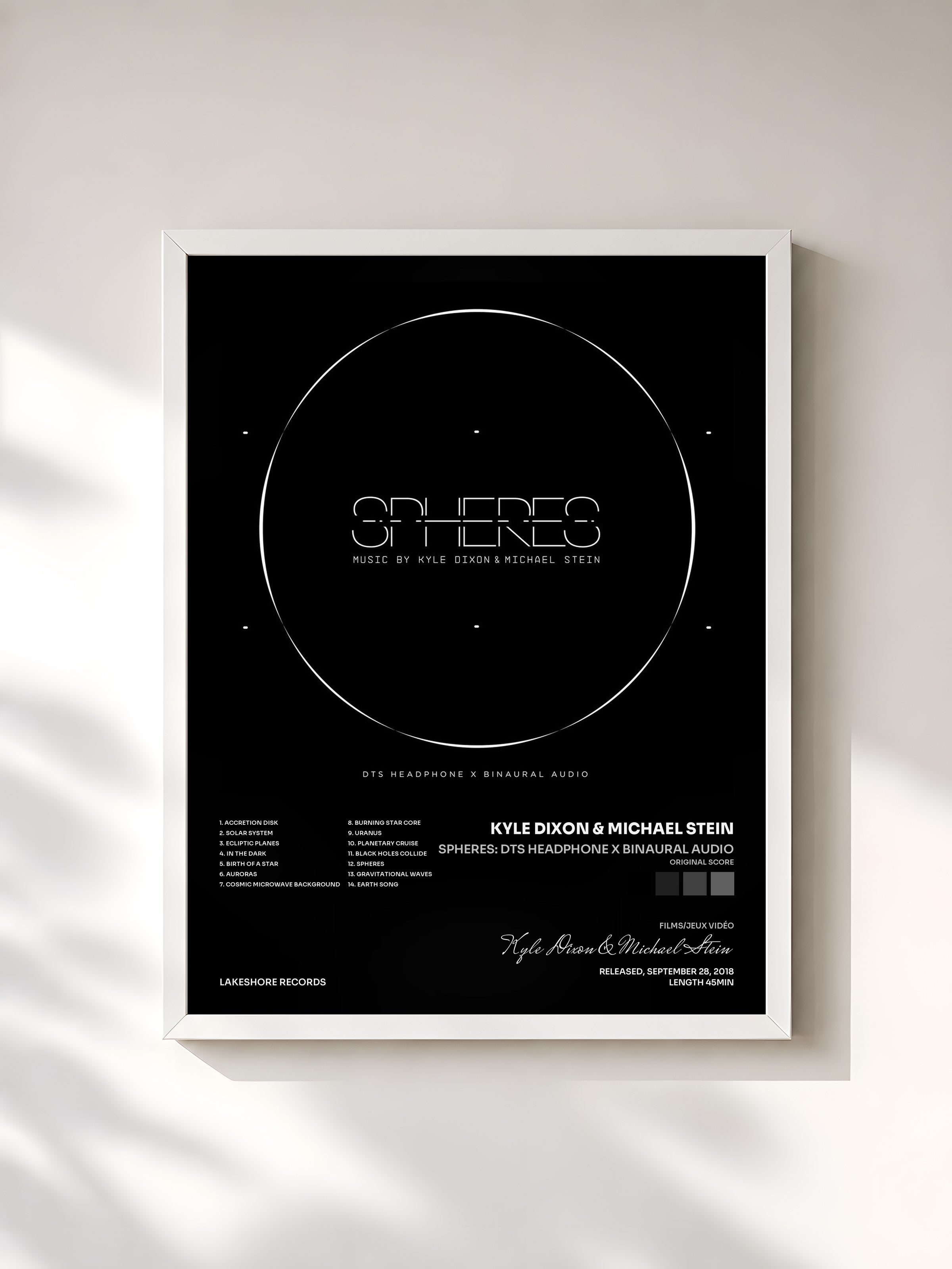 #blanc Tableau de l'album Spheres: Dts Headphone X Binaural Audio (Original Score) de Kyle Dixon & Michael Stein, cadre blanc, imprimé et encadré en France