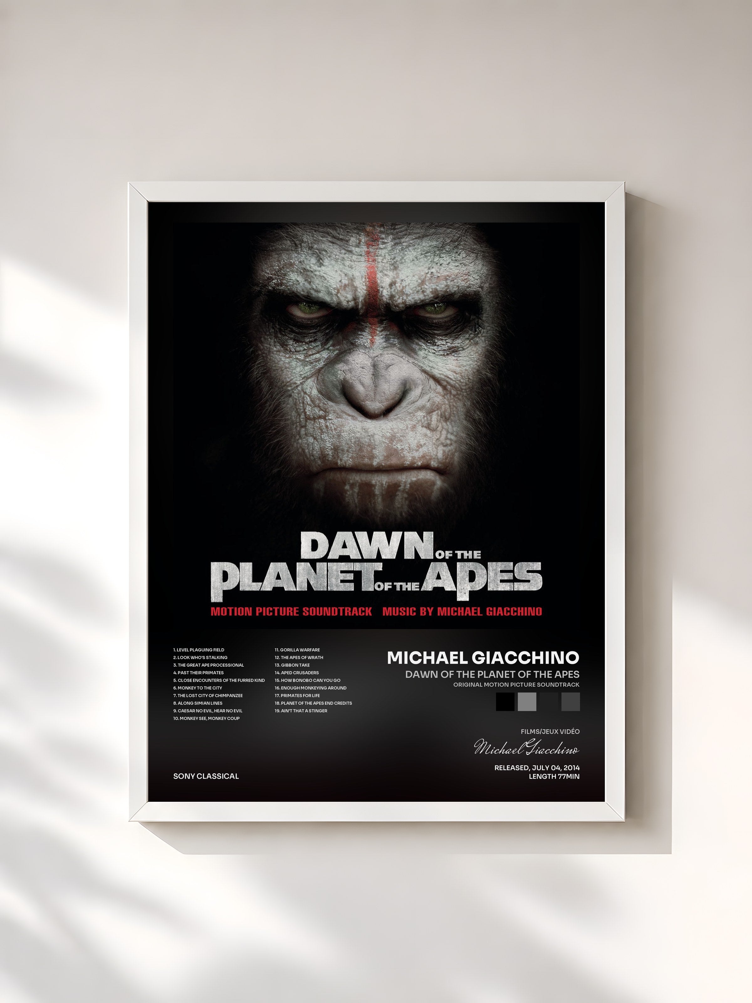#blanc Tableau de l'album Dawn of the Planet of the Apes (Original Motion Picture Soundtrack) de Michael Giacchino, cadre blanc, imprimé et encadré en France
