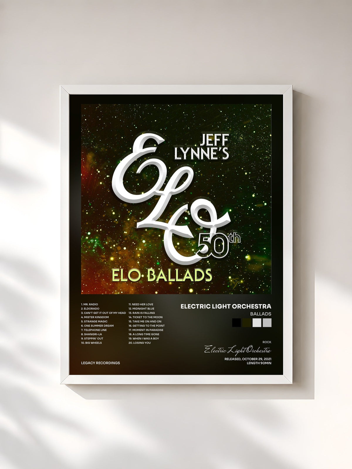#blanc Tableau de l'album Ballads de Electric Light Orchestra, cadre blanc, imprimé et encadré en France