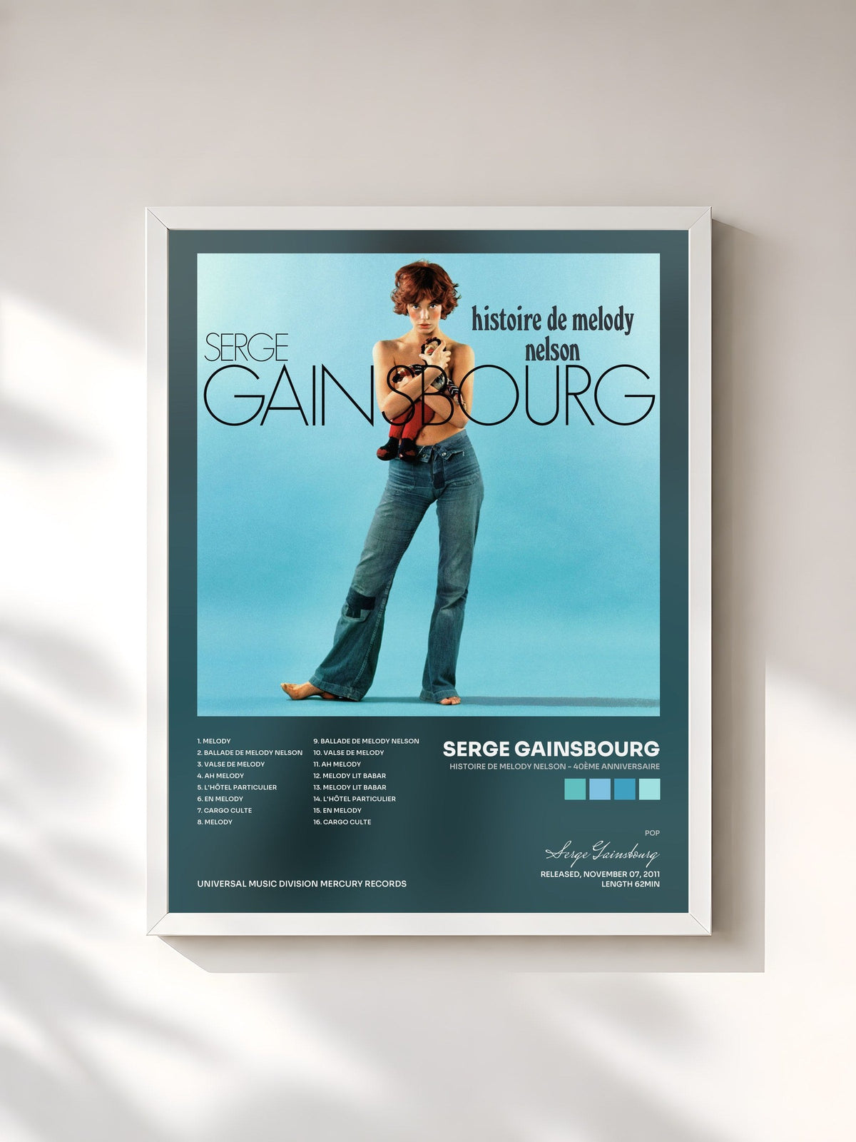 #blanc Tableau de l'album Histoire De Melody Nelson - 40ème Anniversaire de Serge Gainsbourg, cadre blanc, imprimé et encadré en France