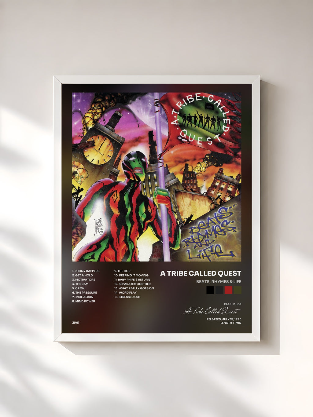 #blanc Tableau de l'album Beats, Rhymes & Life de A Tribe Called Quest, cadre blanc, imprimé et encadré en France