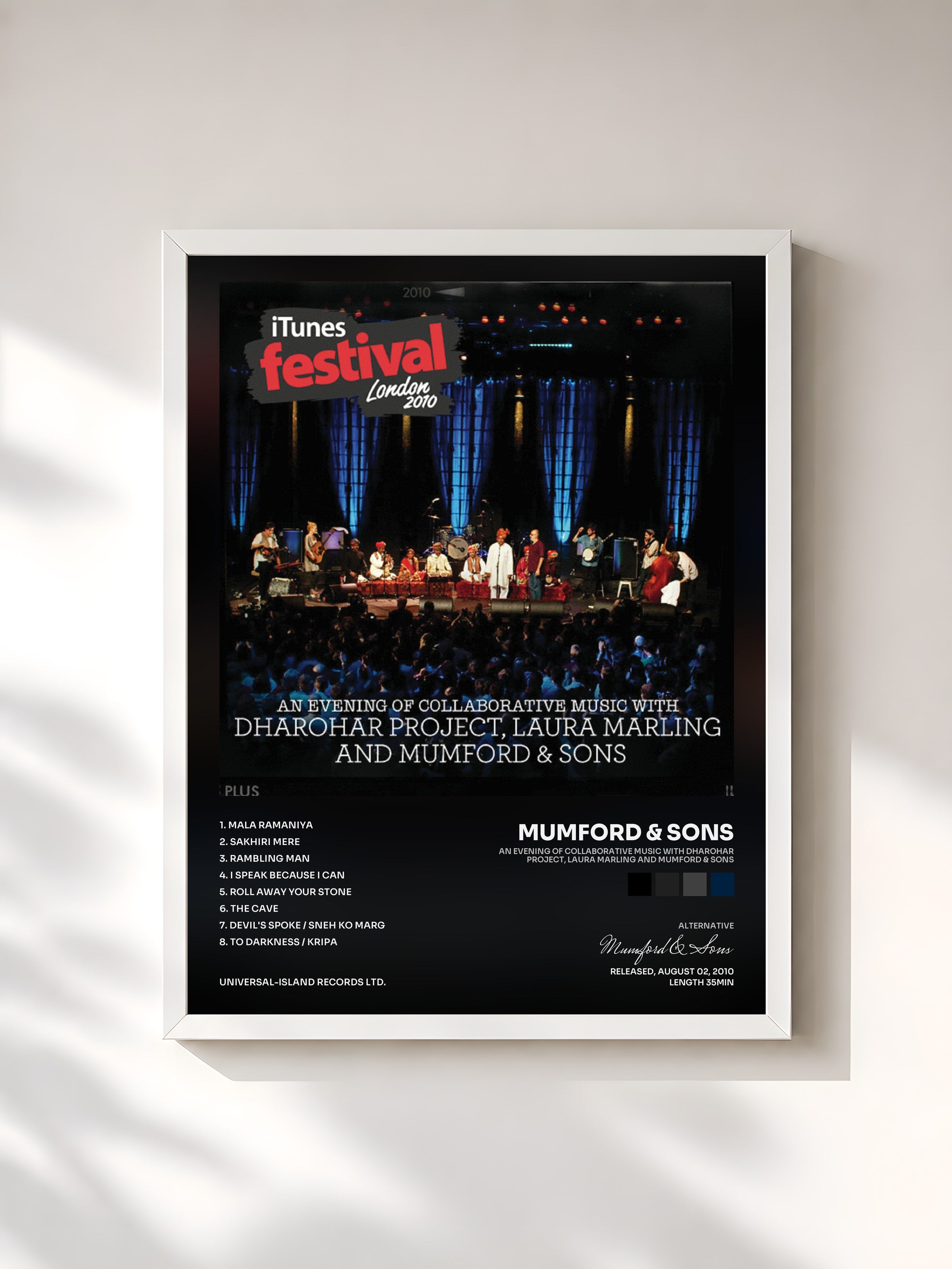 #blanc Tableau de l'album An Evening Of Collaborative Music With Dharohar Project, Laura Marling And Mumford & Sons de Mumford & Sons, cadre blanc, imprimé et encadré en France