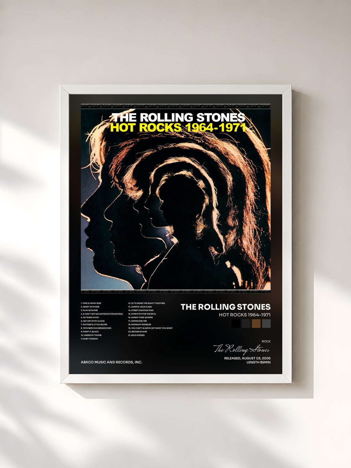 #blanc Tableau de l'album Hot Rocks 1964-1971 de The Rolling Stones, cadre blanc, imprimé et encadré en France