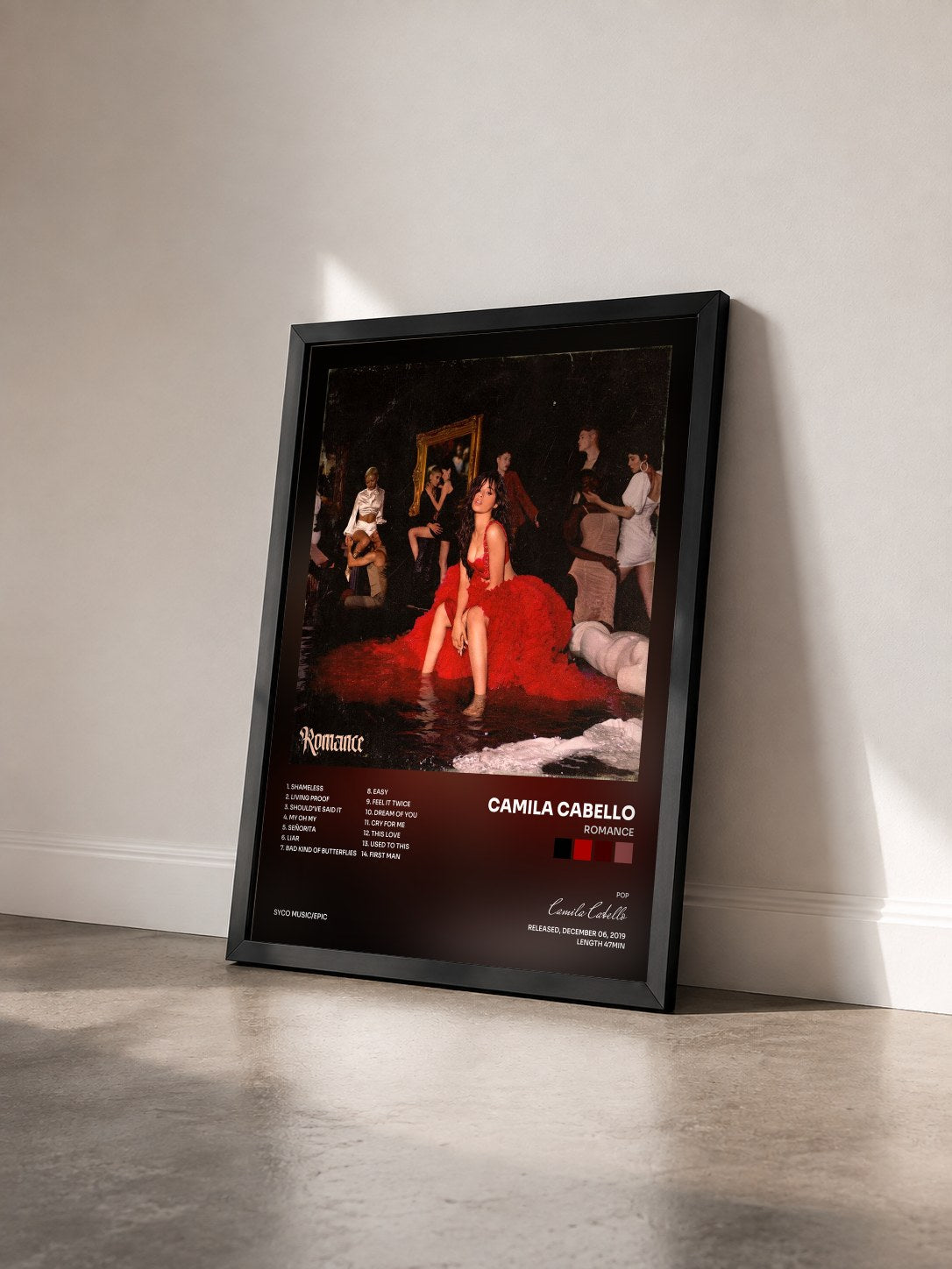 #noir Romance by Camila Cabello as a framed art print seen at an angle, black frame
