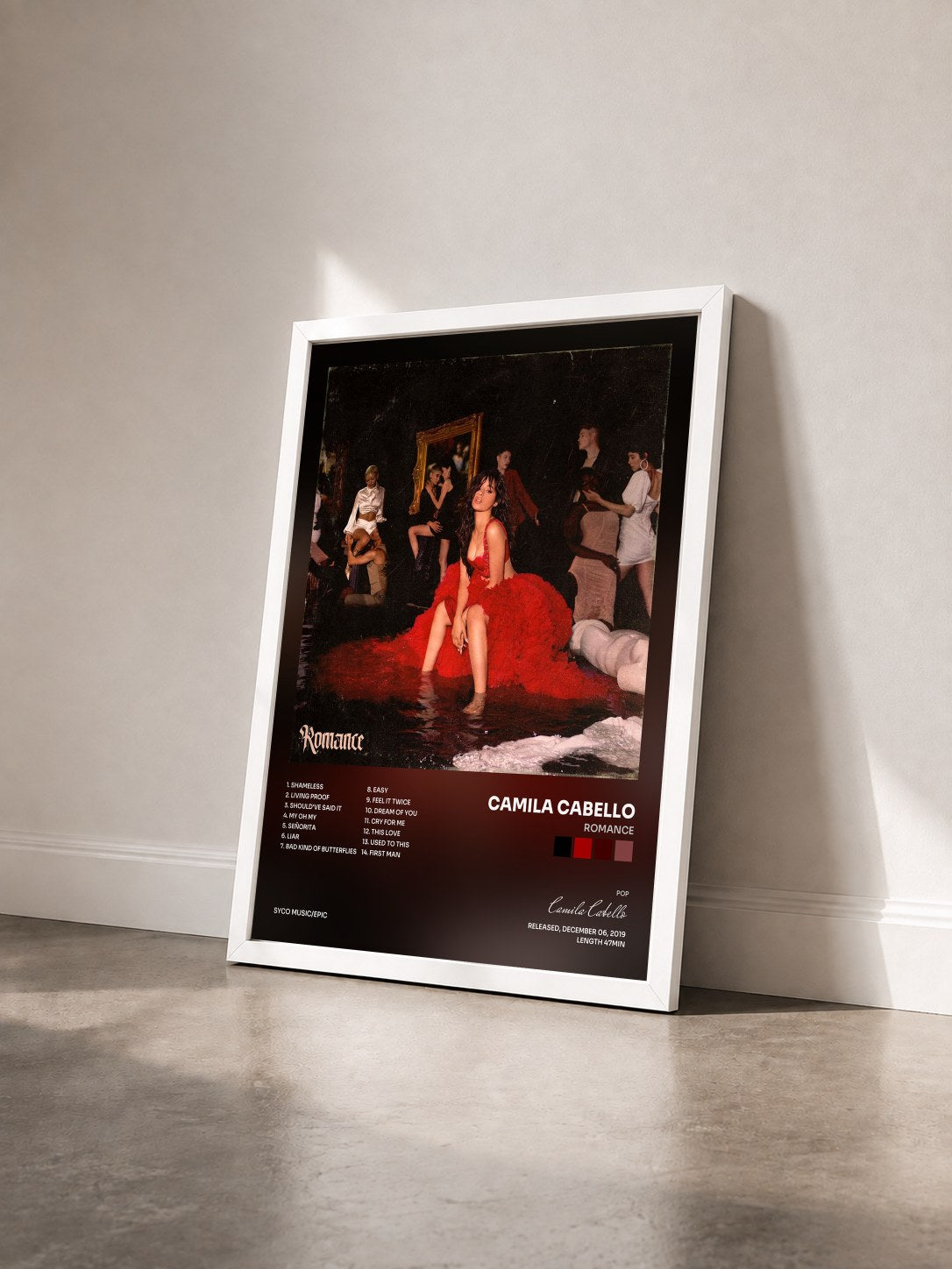 #blanc Romance by Camila Cabello as a framed art print seen at an angle, white frame