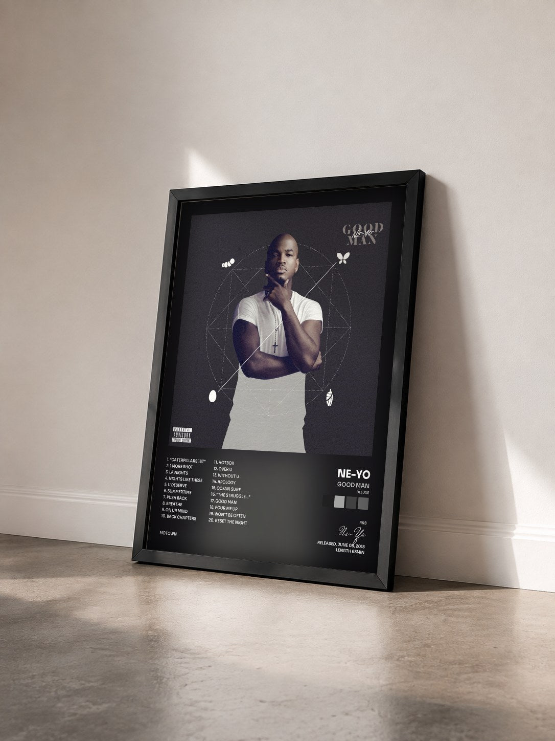 #noir Tableau de l'album GOOD MAN (Deluxe) de Ne-Yo vu de trois quarts, cadre noir