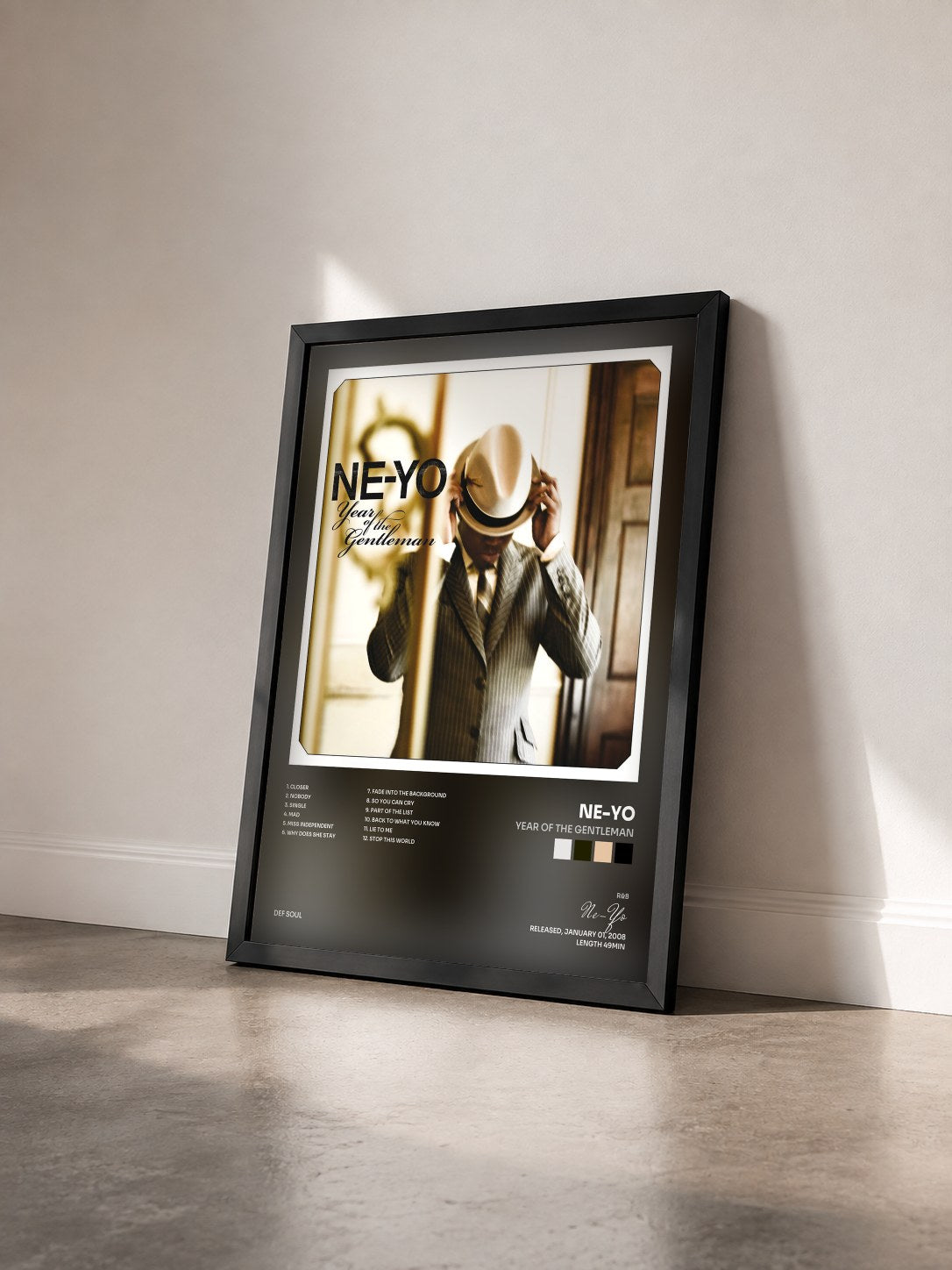 #noir Tableau de l'album Year Of The Gentleman de Ne-Yo vu de trois quarts, cadre noir
