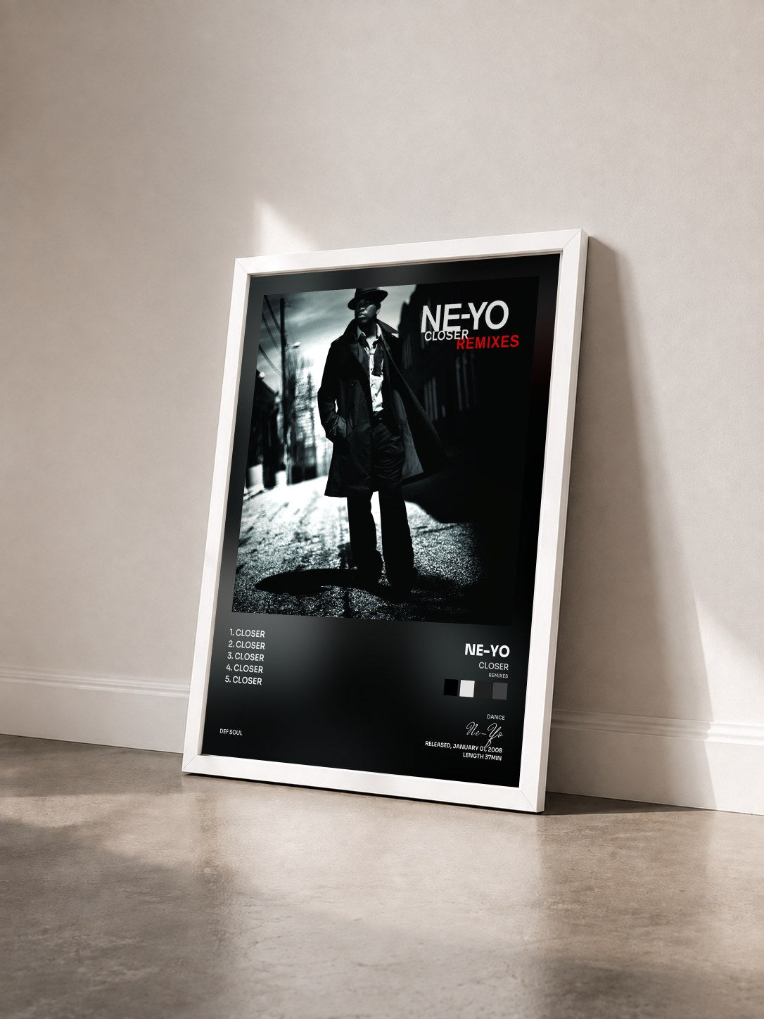 #blanc Tableau de l'album Closer (Remixes) de Ne-Yo vu de trois quarts, cadre blanc