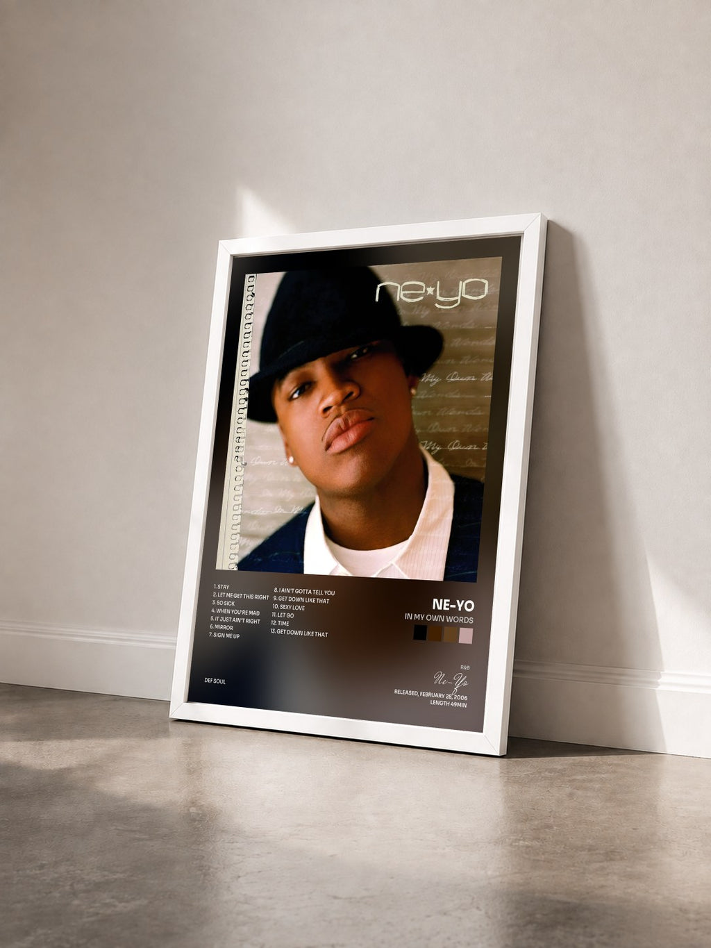 #blanc Tableau de l'album In My Own Words de Ne-Yo vu de trois quarts, cadre blanc