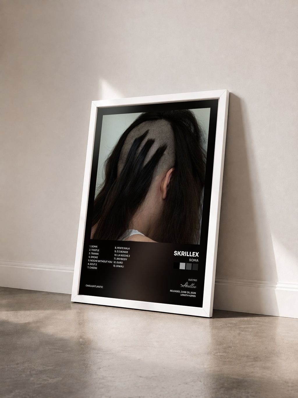 #blanc Tableau de l'album SOMA de Skrillex vu de trois quarts, cadre blanc