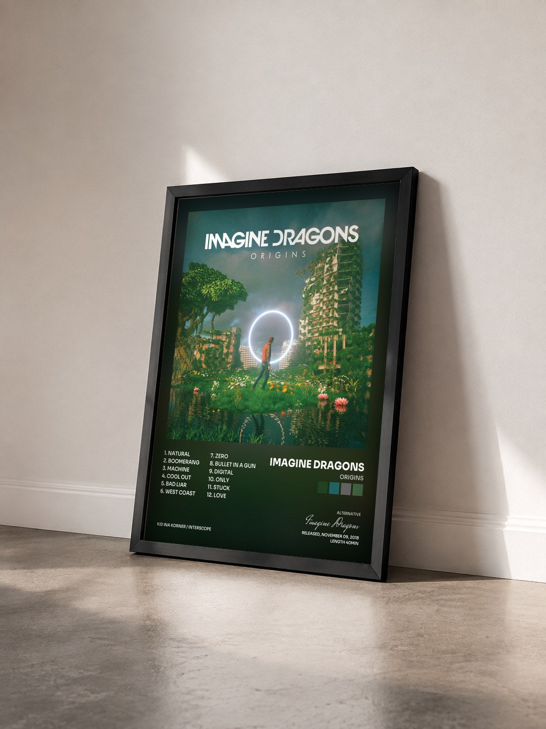 #noir Tableau de l'album Origins de Imagine Dragons vu de trois quarts, cadre noir