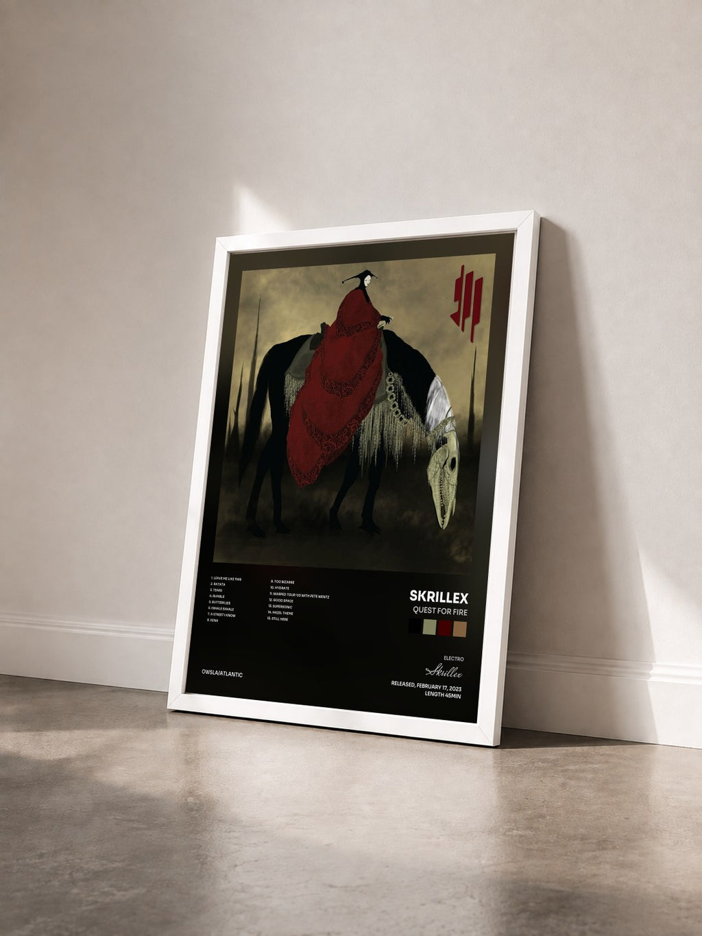 #blanc Tableau de l'album Quest For Fire de Skrillex vu de trois quarts, cadre blanc