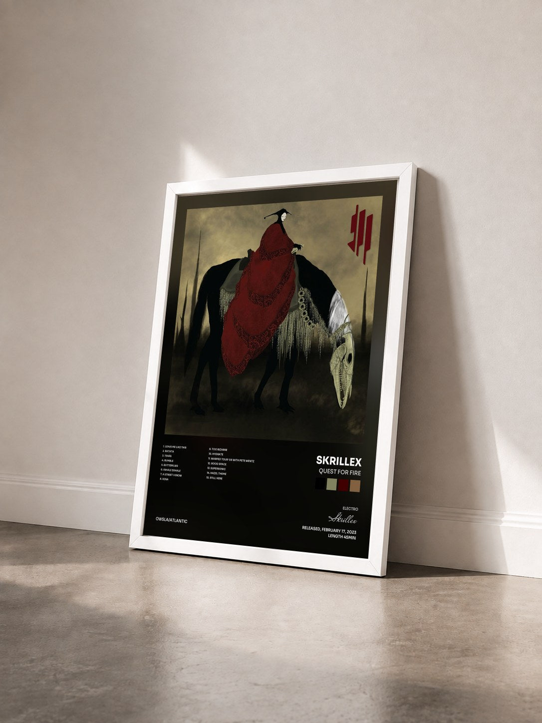 #blanc Tableau de l'album Quest For Fire de Skrillex vu de trois quarts, cadre blanc