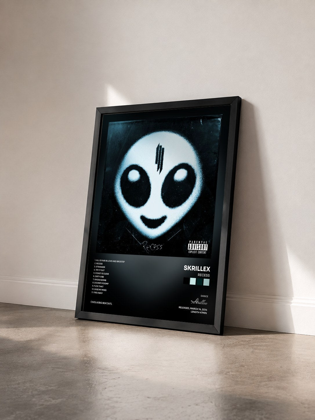 #noir Recess by Skrillex as a framed art print seen at an angle, black frame