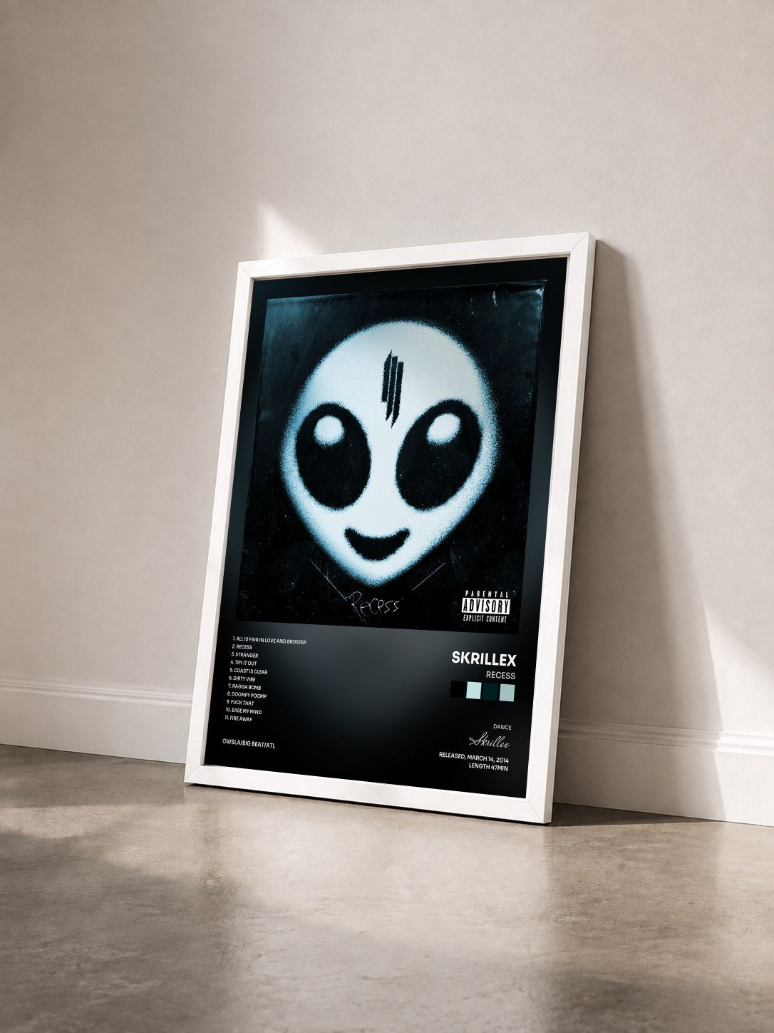 #blanc Recess by Skrillex as a framed art print seen at an angle, white frame