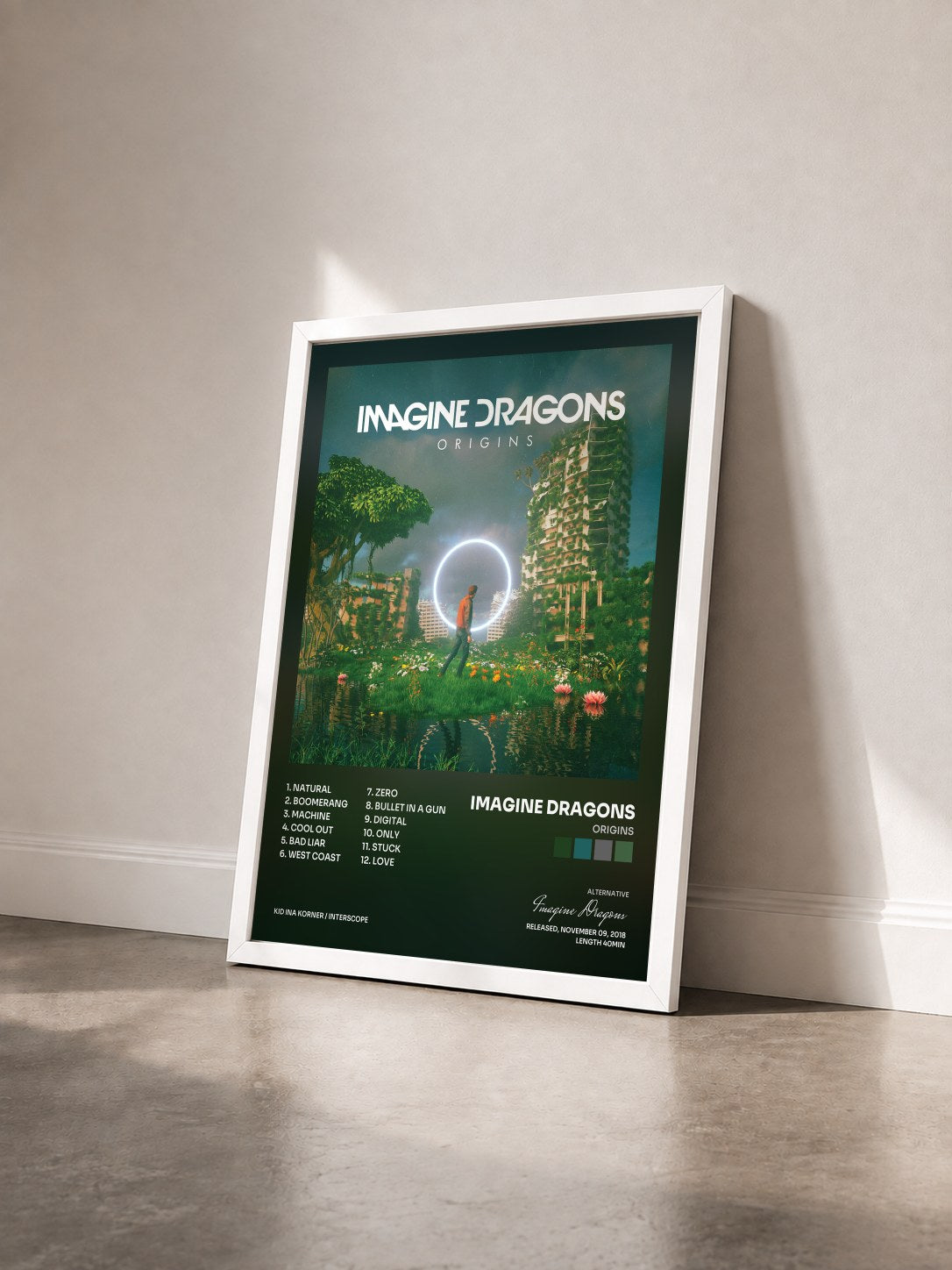 #blanc Tableau de l'album Origins de Imagine Dragons vu de trois quarts, cadre blanc