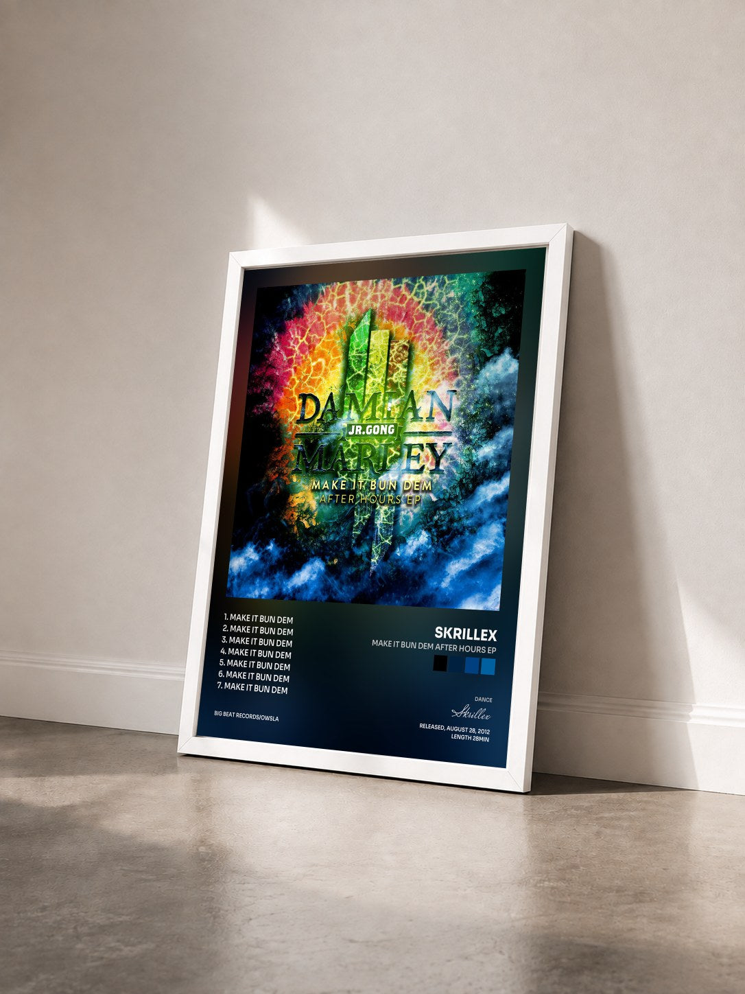 #blanc Tableau de l'album Make It Bun Dem After Hours EP de Skrillex vu de trois quarts, cadre blanc