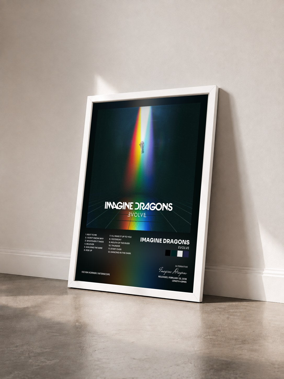 #blanc Tableau de l'album Evolve de Imagine Dragons vu de trois quarts, cadre blanc