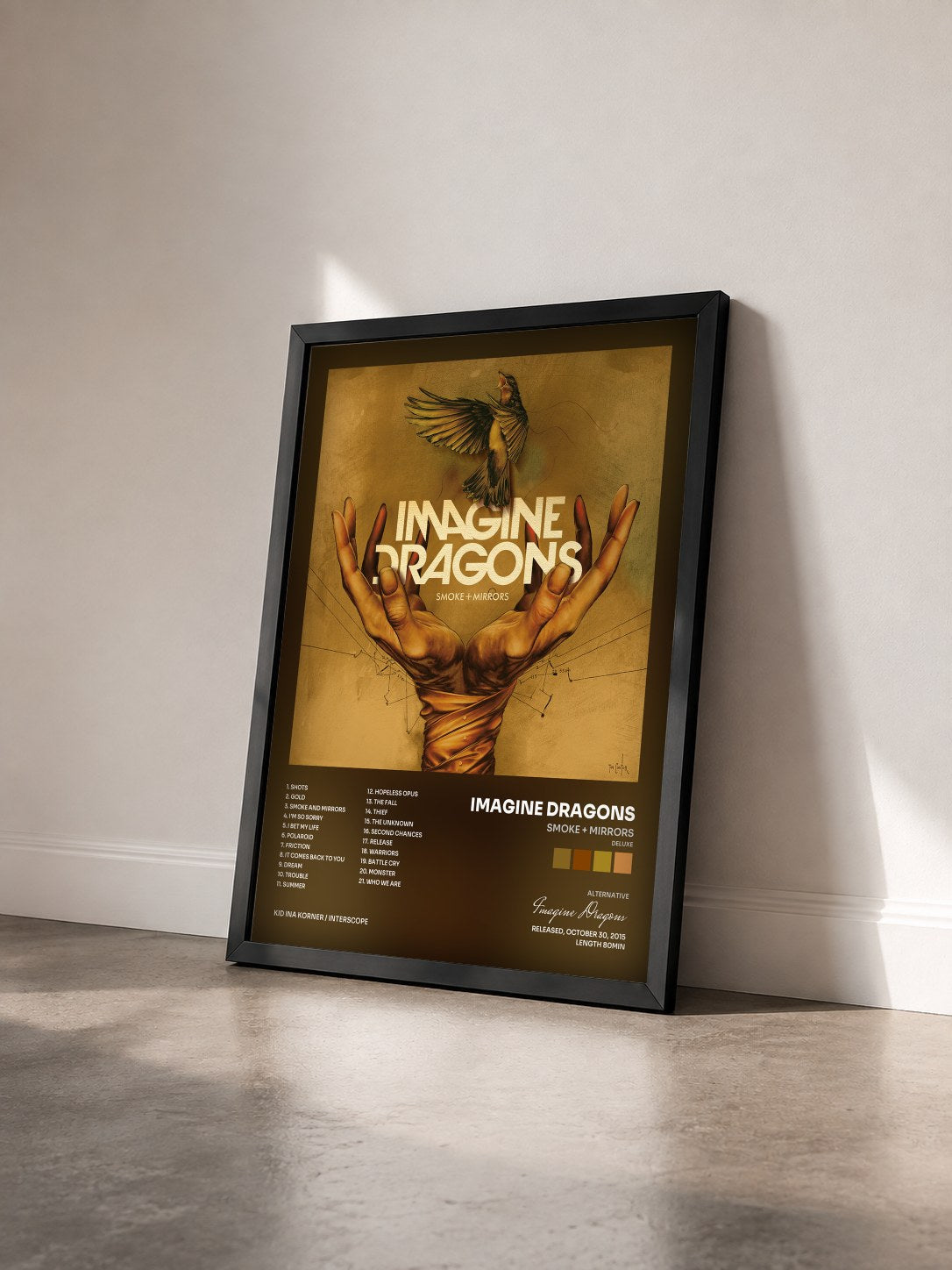 #noir Smoke + Mirrors (Deluxe) by Imagine Dragons as a framed art print seen at an angle, black frame